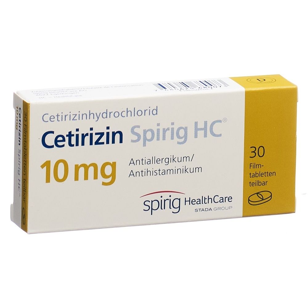 Verpackung von Cetirizin Spirig HC. Enthält 30 Filmtabletten, 10 mg. Aufschrift: Antiallergikum/Antihistaminikum. Marke: Spirig HealthCare.