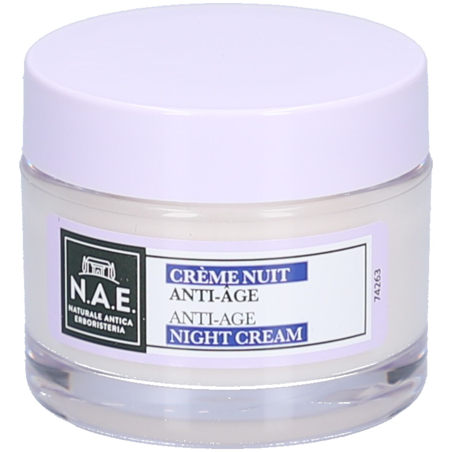 Creme-Glas mit weißem Inhalt und lila Deckel. Etikett mit Logo und Text: Crème Nuit Anti-Âge Night Cream.