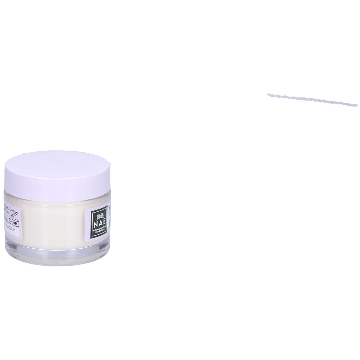 Creme-Glas mit weißem Inhalt und lila Deckel. Logo und Text auf dem Etikett.