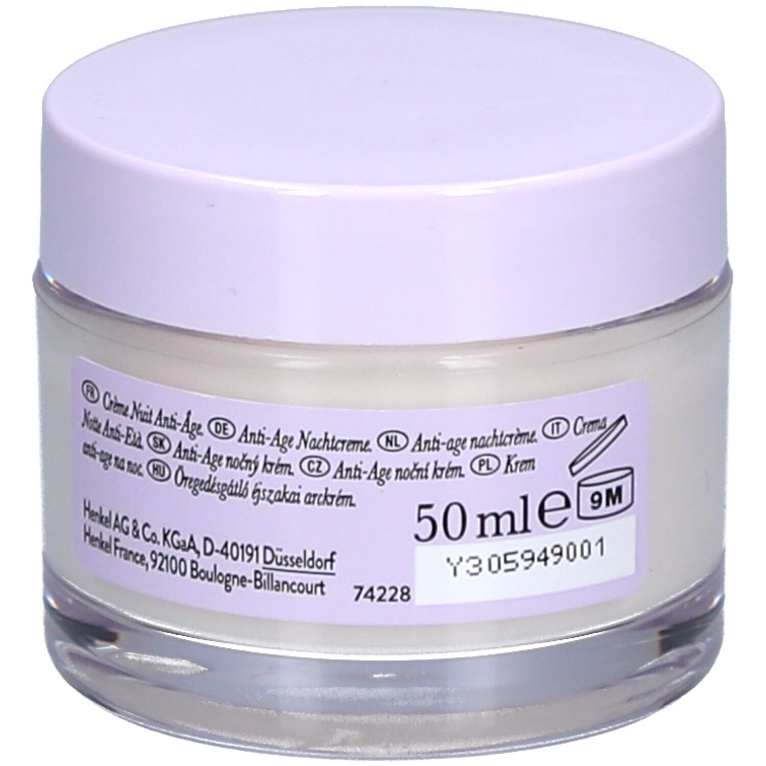 Creme-Glas mit lila Deckel. Etikett mit Text: Crème Nuit Anti-Âge, 50 ml, 9M. Herstellerinformationen.