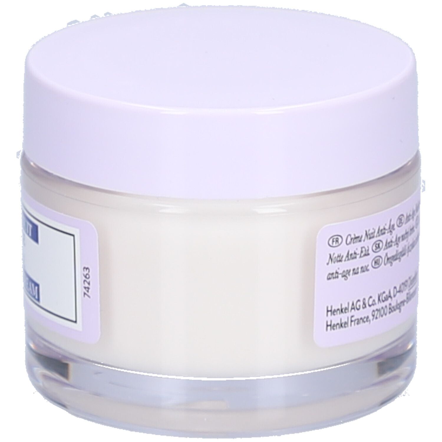 Creme-Glas mit lila Deckel. Etikett mit Text: Crème Nuit Anti-Âge. Herstellerinformationen.