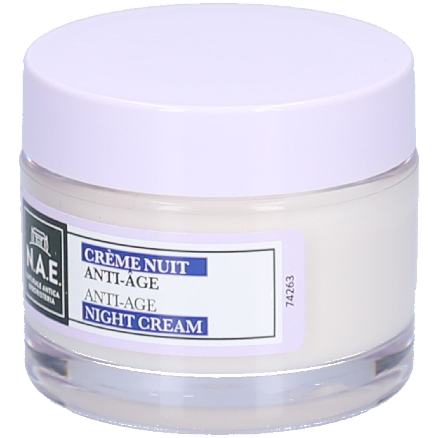 Creme-Glas mit lila Deckel. Etikett mit Logo und Text: Crème Nuit Anti-Âge Night Cream.