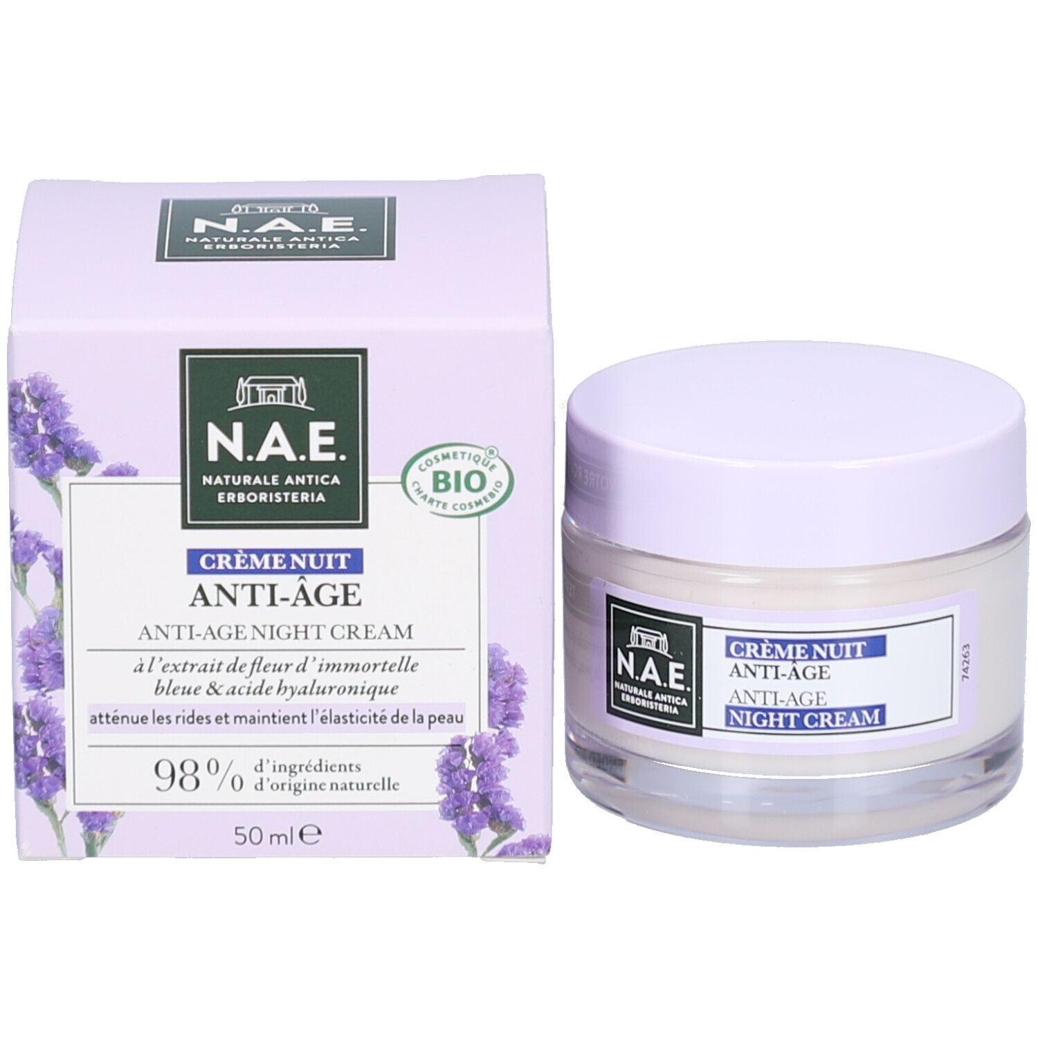 Creme-Glas und Schachtel. Auf der Schachtel und dem Glas: Crème Nuit Anti-Âge Night Cream. Bio-Zertifizierung.