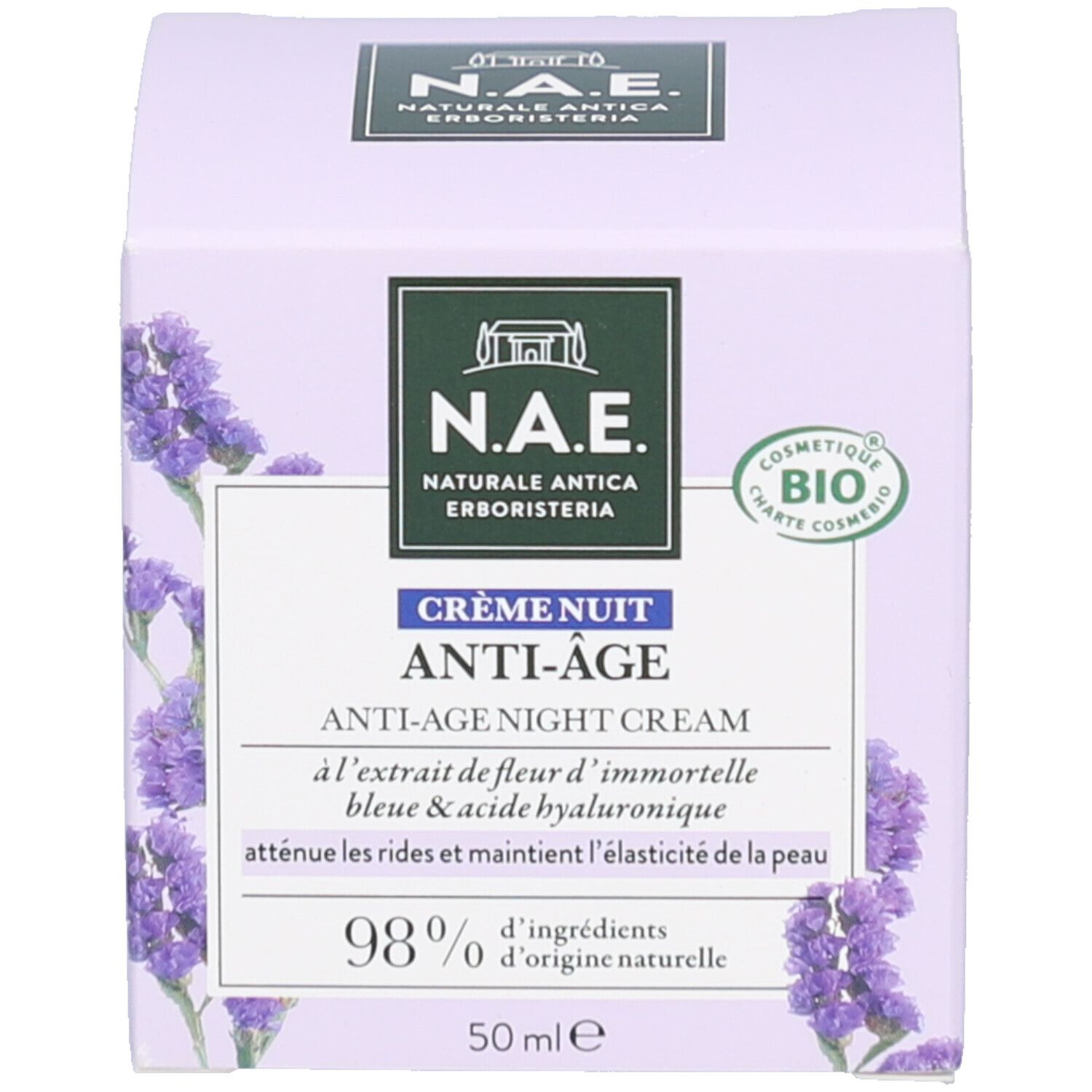 Schachtel mit Text: Crème Nuit Anti-Âge Night Cream. Bio-Zertifizierung. 98% Inhaltsstoffe natürlichen Ursprungs.