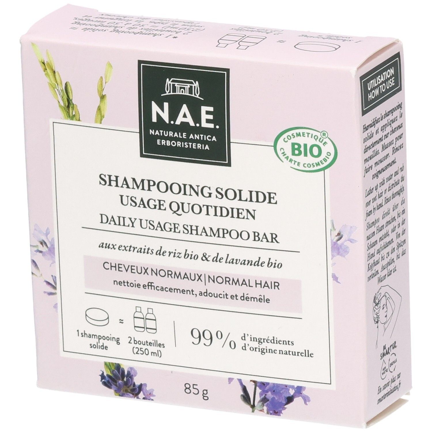 Verpackung für N.A.E. feste Shampoo-Bar, 85g, mit Reis- und Lavendelextrakten.