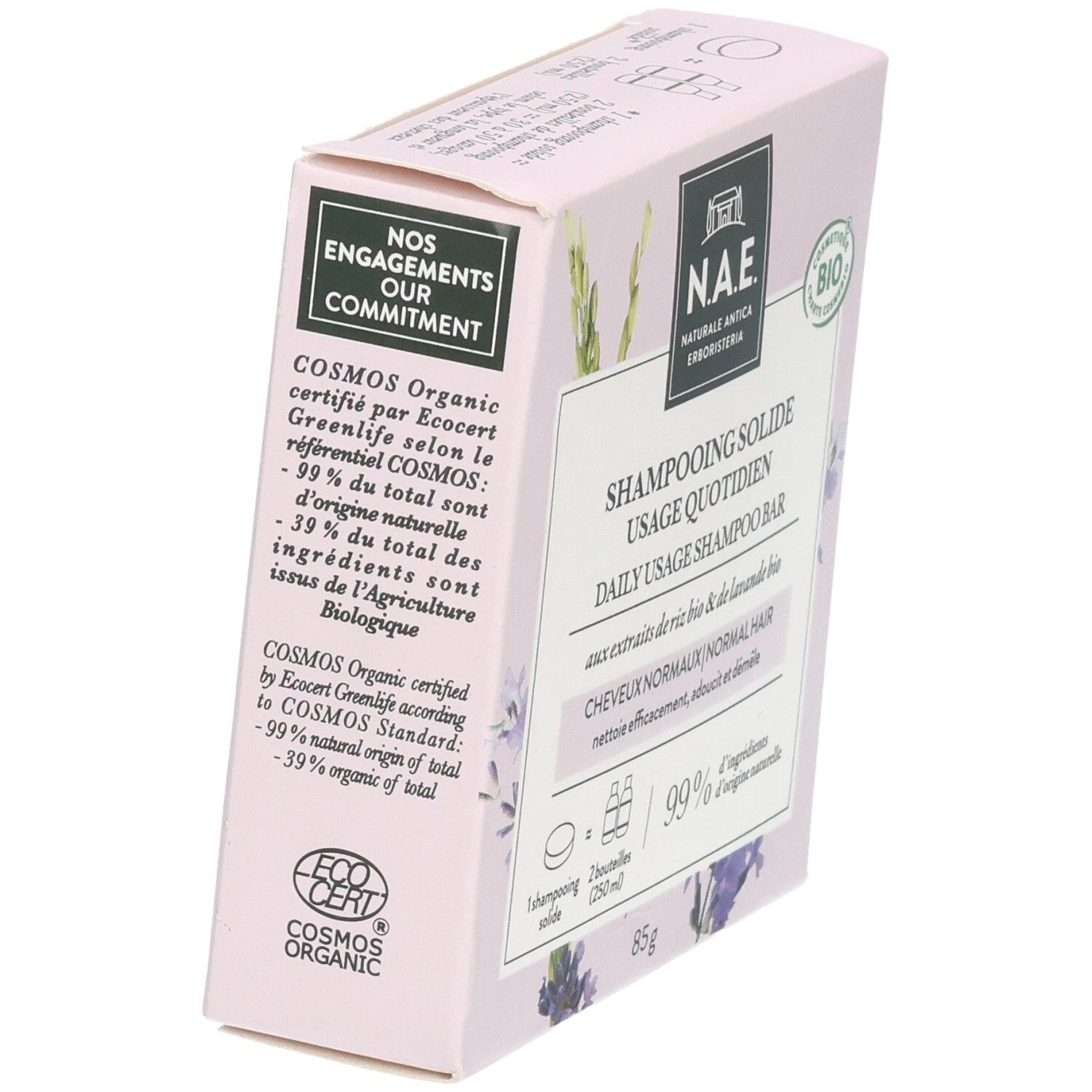 NAE tägliches festes Shampoo für normales Haar, COSMOS Organic zertifiziert, 85g.