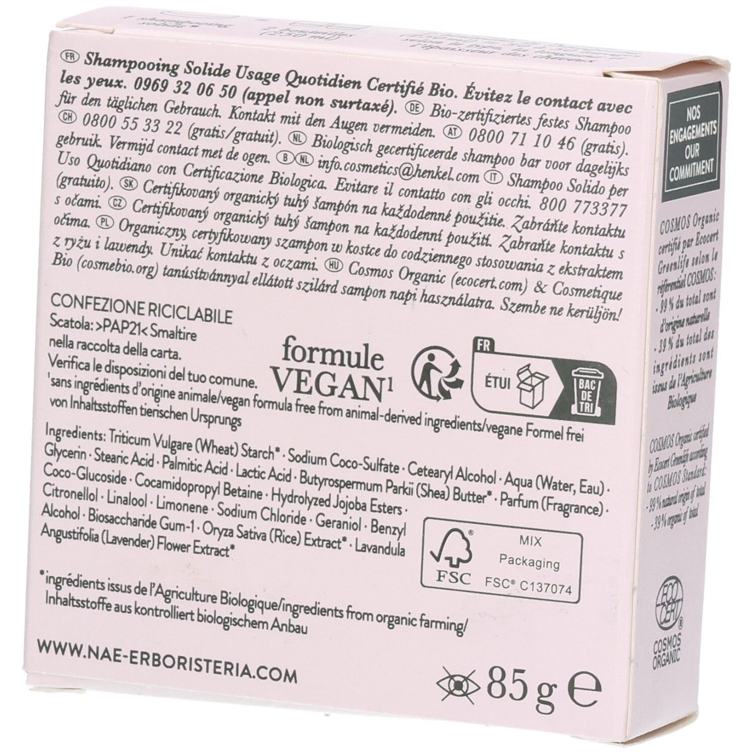 Verpackung eines festen Bio-Shampoos, 85g. Enthält Inhaltsstoffe wie Weizenstärke und Sheabutter.
