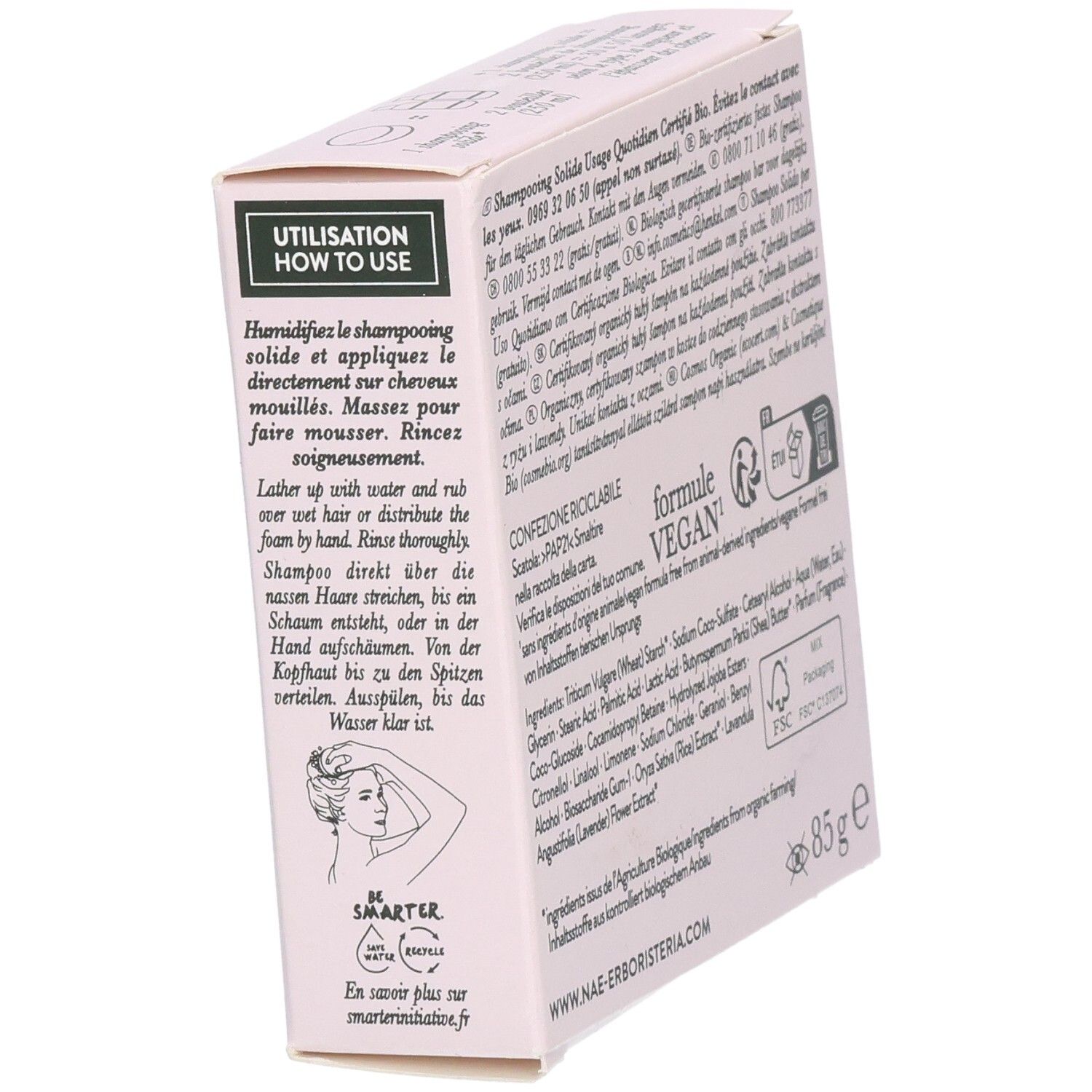 Verpackung für festes Shampoo, 85g, mit Anwendungshinweisen und Inhaltsstoffen.