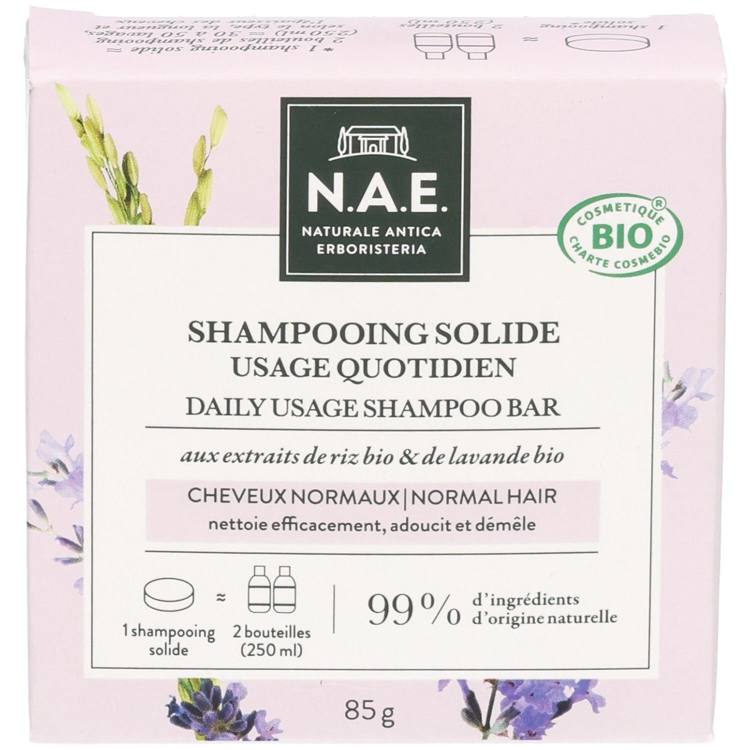 N.A.E. feste Shampoo-Bar für täglichen Gebrauch, 85g, mit Reis- und Lavendelextrakten.