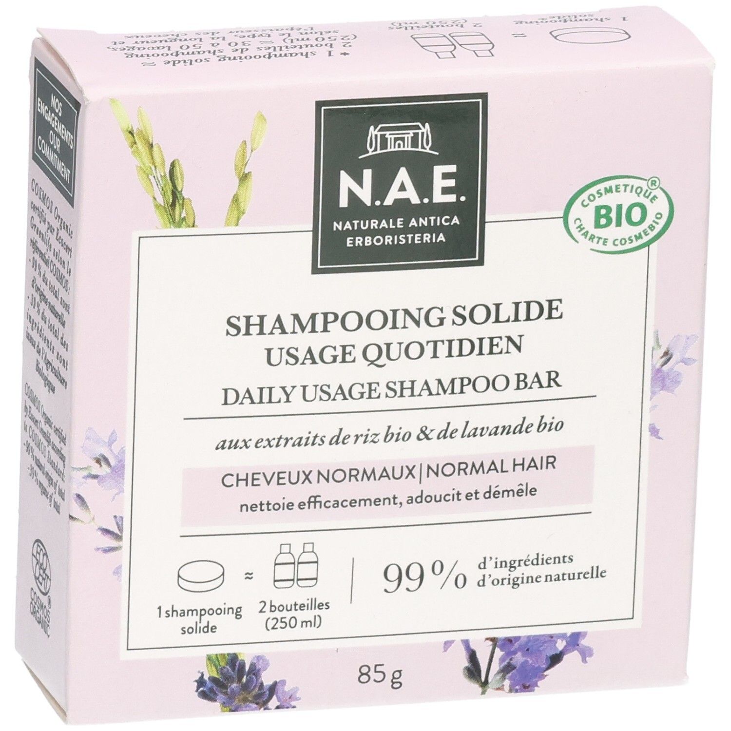 Verpackung für N.A.E. tägliches festes Shampoo mit Reis- und Lavendelextrakten, 85g.