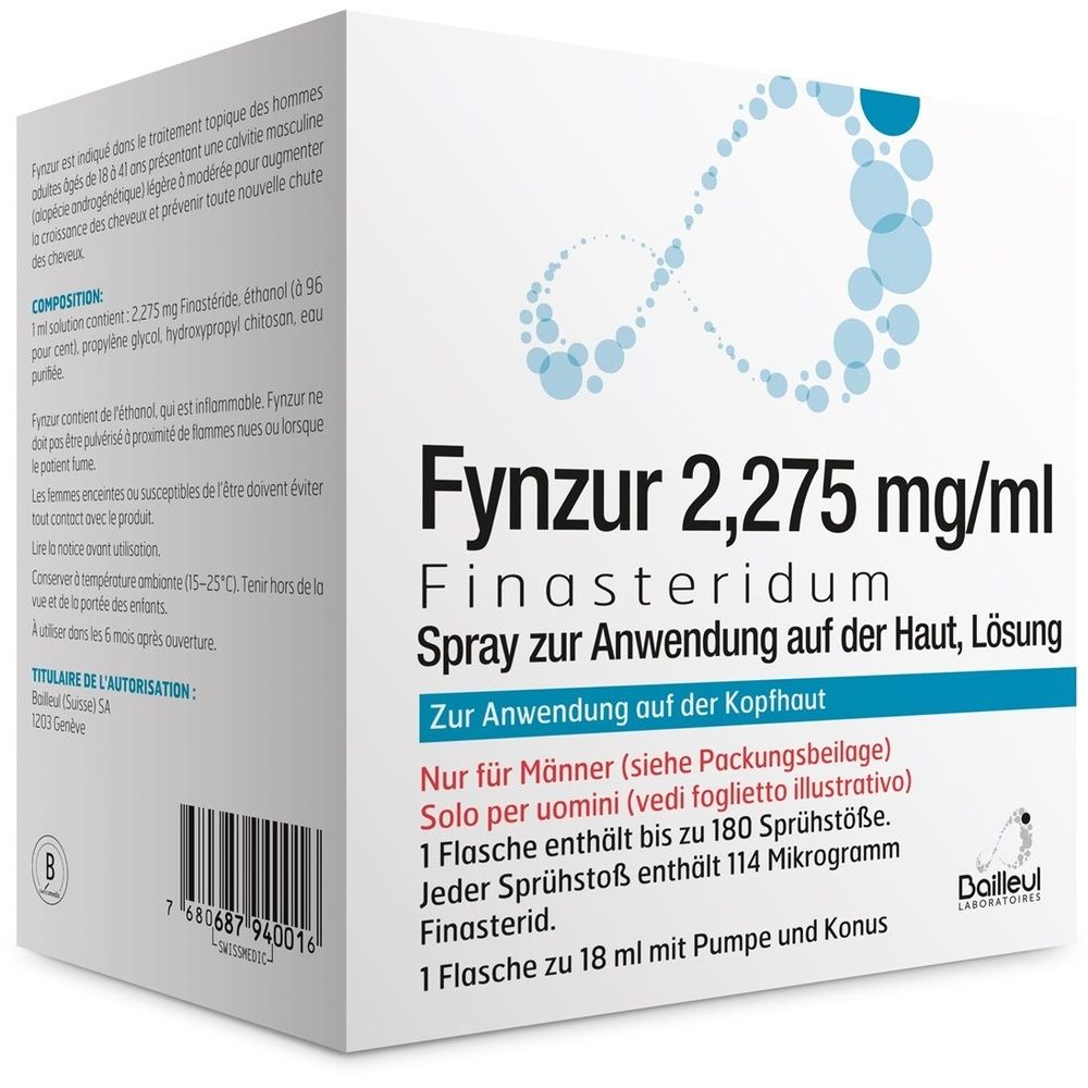 Weiße Schachtel mit Produktinformationen. Aufschrift: Fynzur 2,275 mg/ml, Finasteridum, Spray zur Anwendung auf der Haut. Nur für Männer.