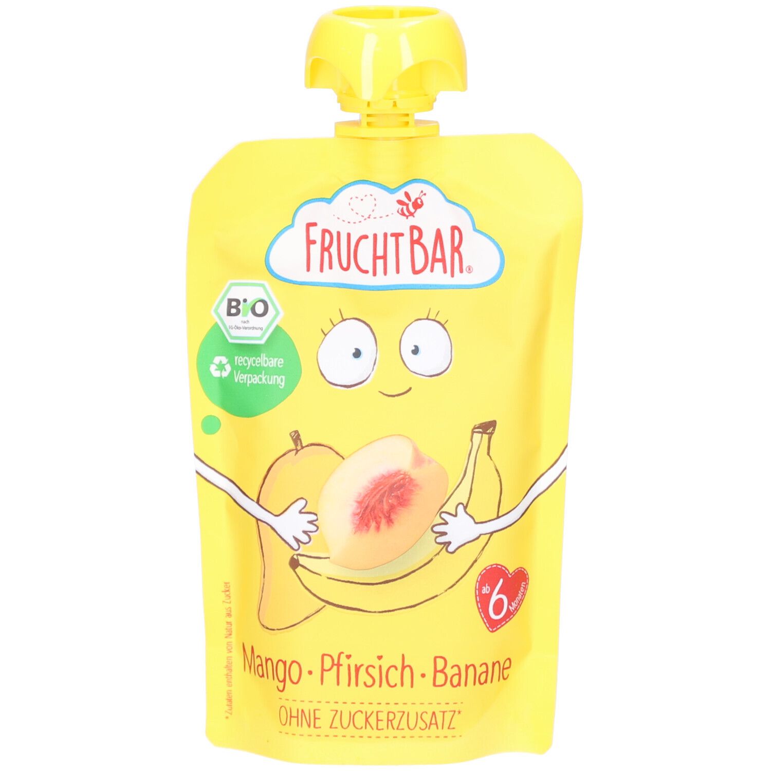 Sachet jaune avec illustrations de fruits et logo "FRUCHTBAR". Contient mangue, pêche et banane. Certification bio.