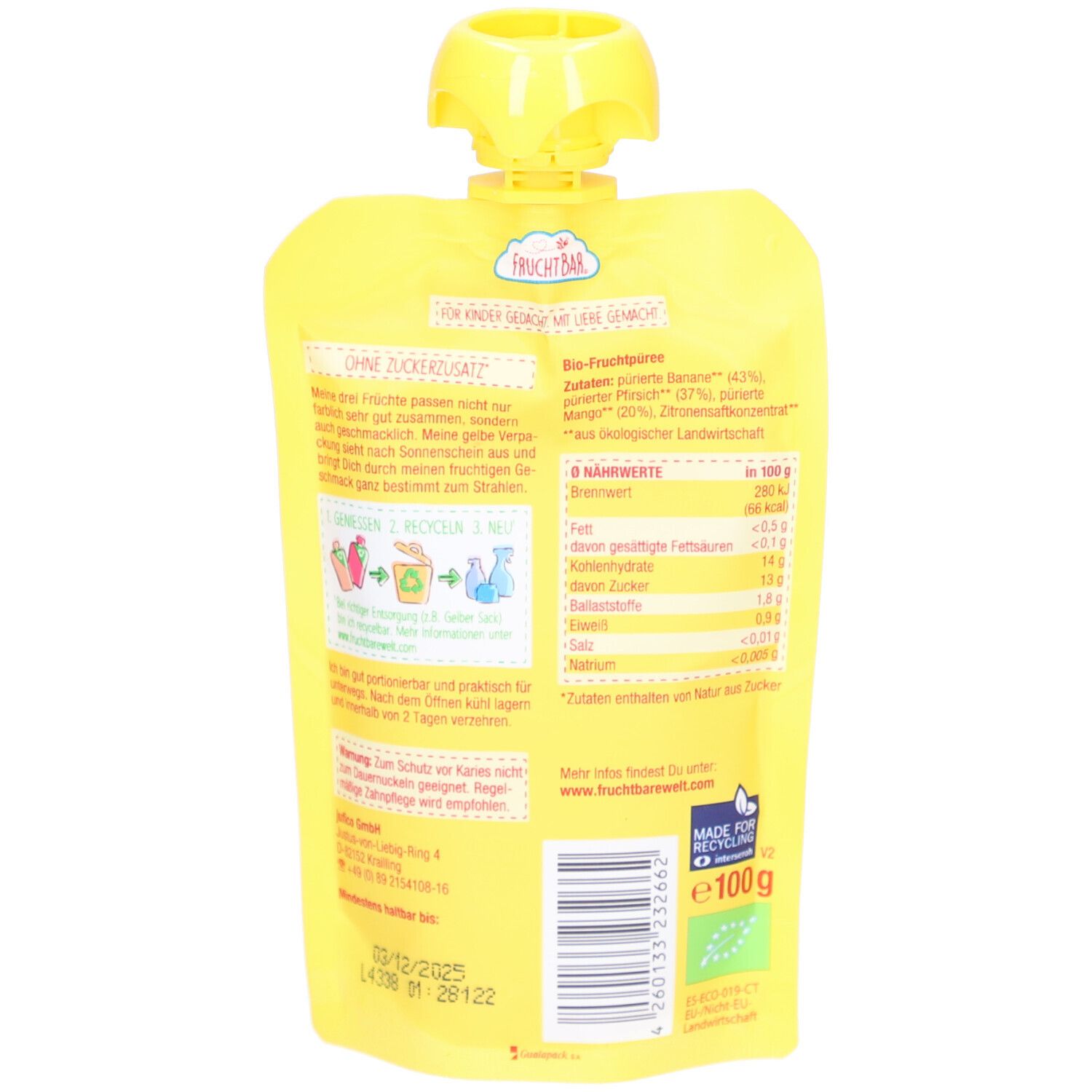 Dos du sachet jaune. Contient informations nutritionnelles, liste des ingrédients et certification bio. Informations sur la marque.