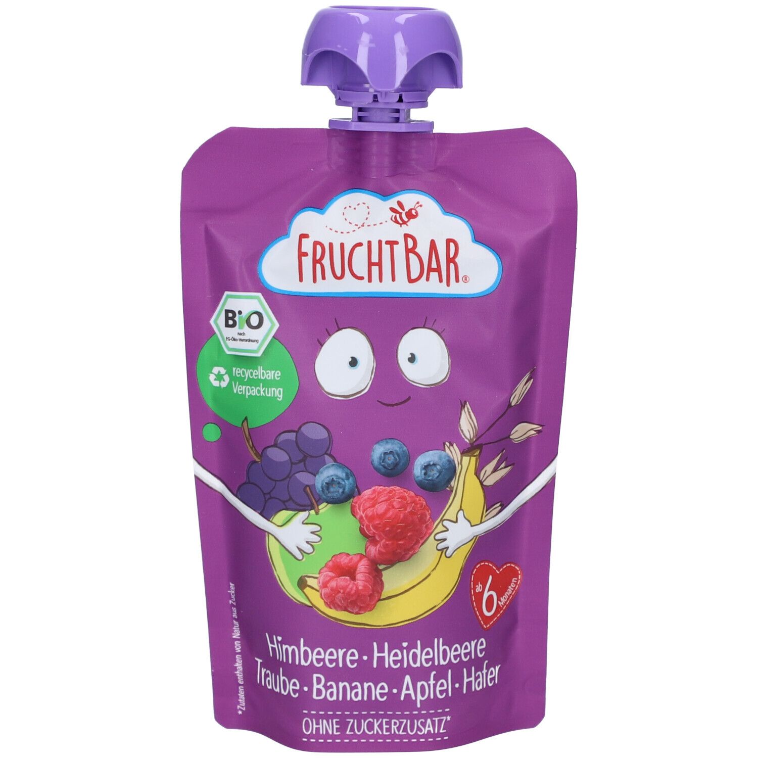 Sachet violet avec illustrations de fruits. Logo "FruchtBar". Label bio. Texte : framboise, myrtille, raisin, banane, pomme, avoine. Sans sucre ajouté.