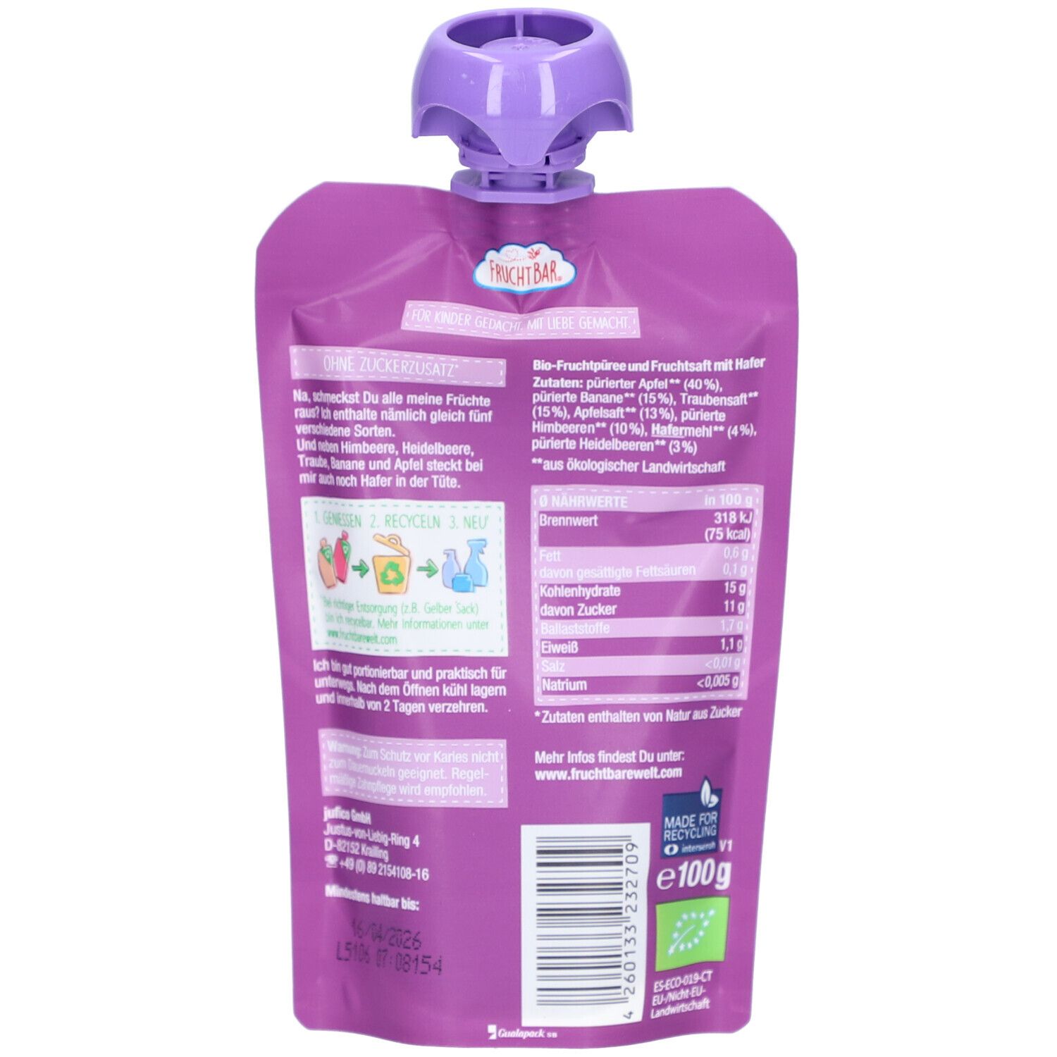 Dos du sachet violet. Texte avec informations nutritionnelles et ingrédients. Logo "FruchtBar". Label bio. Code EAN. Contenu : 100g.