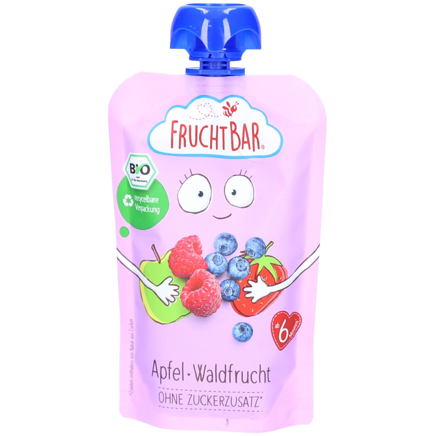 Rosa Quetschbeutel mit blauem Deckel. Aufdruck: FRUCHTBAR, Bio-Siegel, Apfel- und Waldfrüchte-Illustration. Text: Apfel-Waldfrucht, ohne Zuckerzusatz.