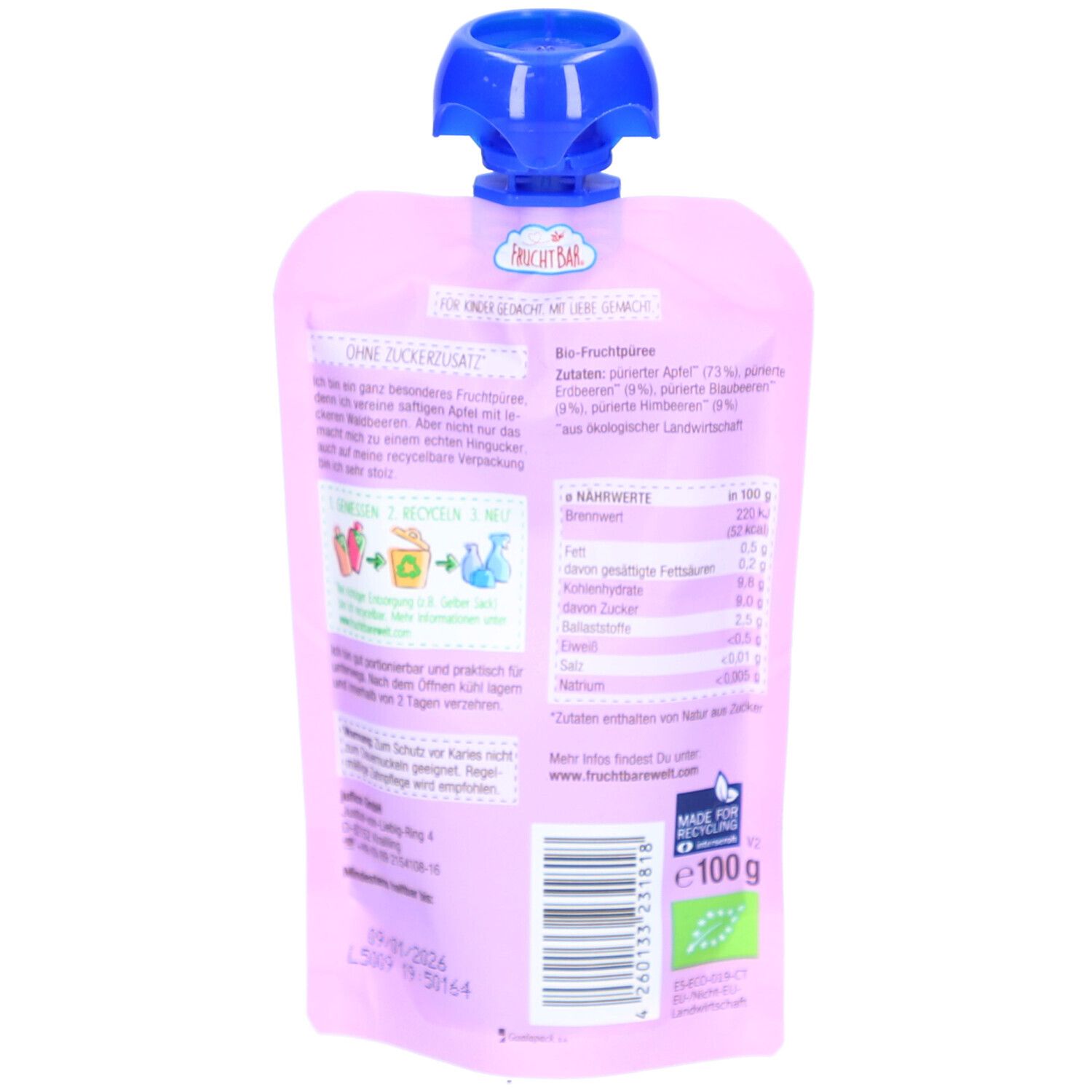 Rückseite des rosa Quetschbeutels. Text: Zutaten, Nährwerte, Bio-Siegel, Recycling-Symbol, EAN-Code. Deckel blau, Inhalt 100g.