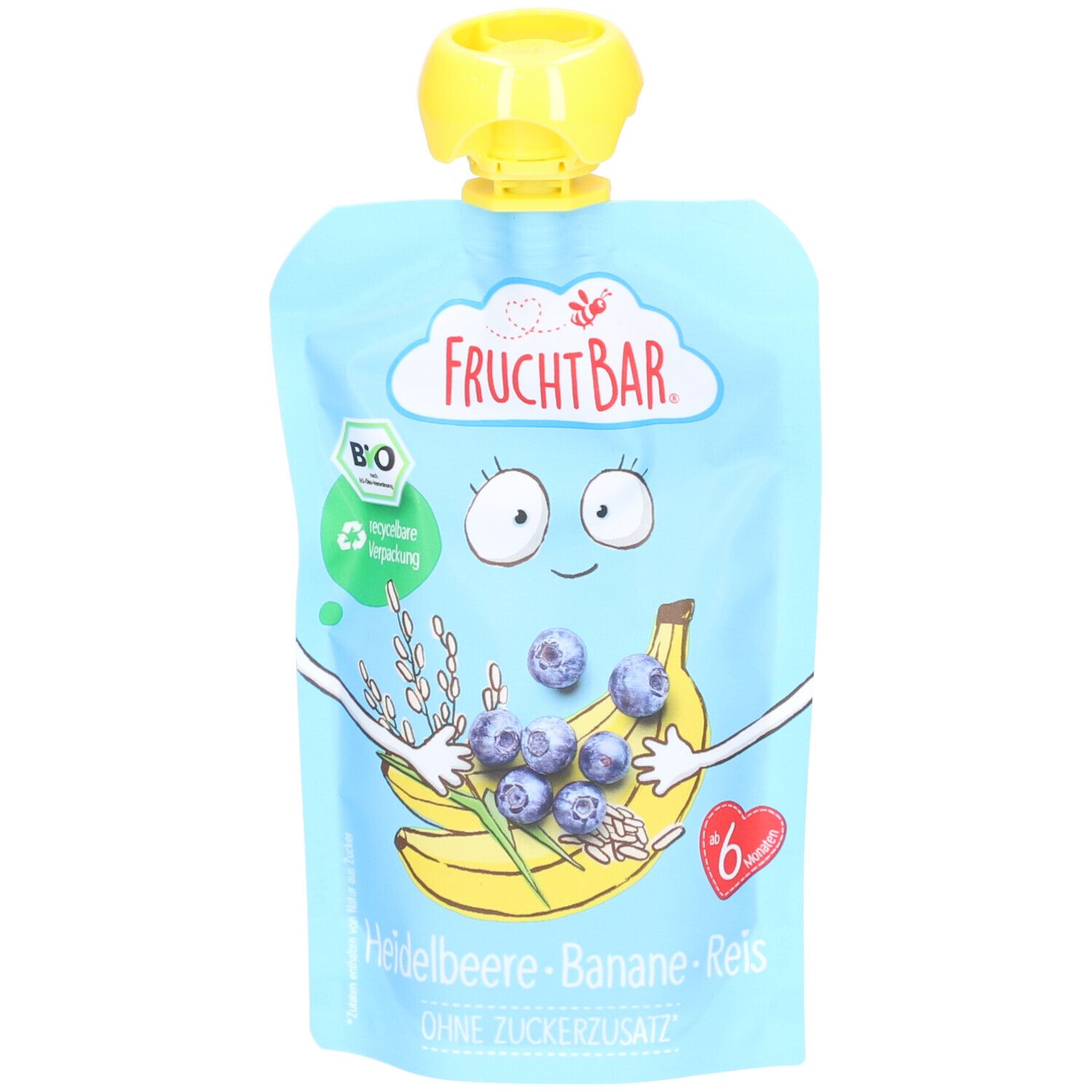 Quetschbeutel mit Heidelbeere, Banane, Reis. Blaue Verpackung mit gelbem Deckel. Aufdruck: FRUCHTBAR, Bio-Siegel, Illustration.