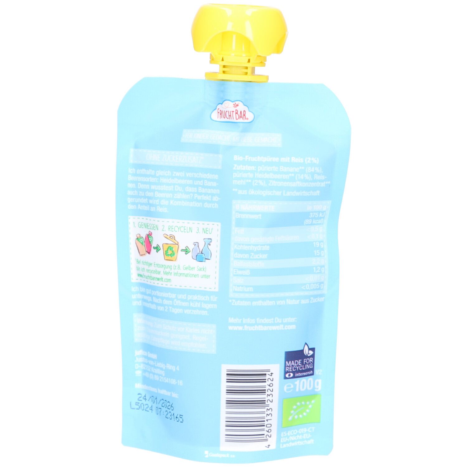 Rückseite des Quetschbeutels. Blaue Verpackung mit gelbem Deckel. Text und Nährwertangaben. Bio-Siegel und 100g.