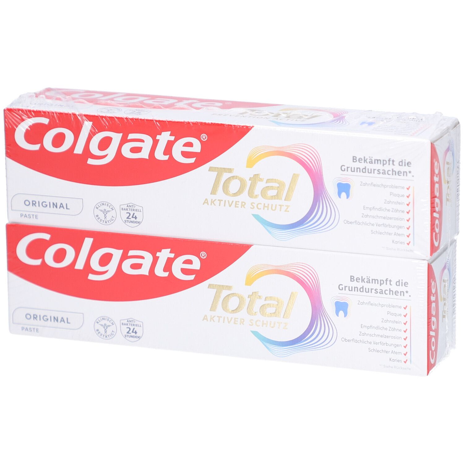 Deux boîtes de dentifrice Colgate Total Original. Emballage rouge et blanc avec logo et nom du produit.