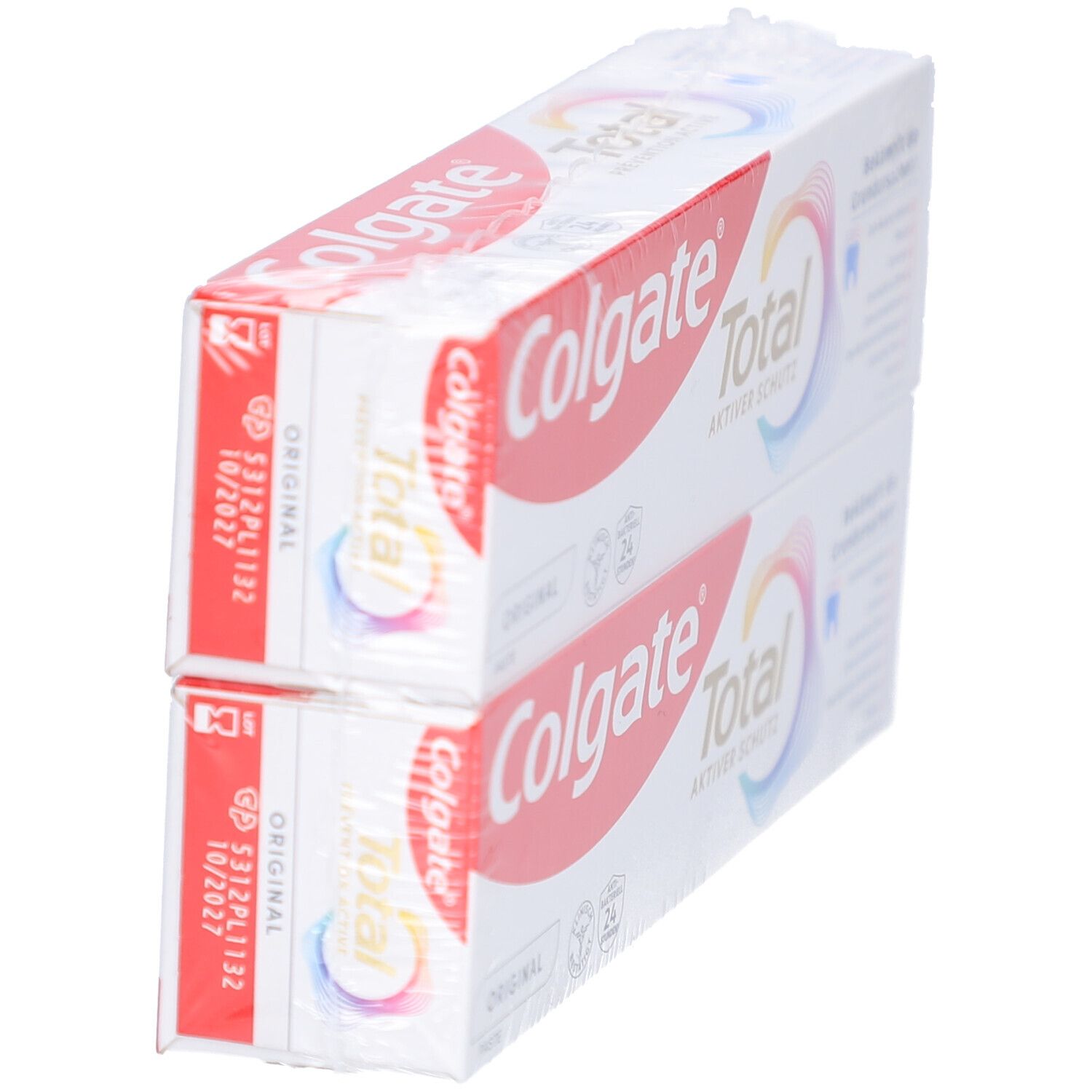 Deux boîtes de dentifrice Colgate Total Original, vue latérale. Emballage rouge et blanc avec logo.