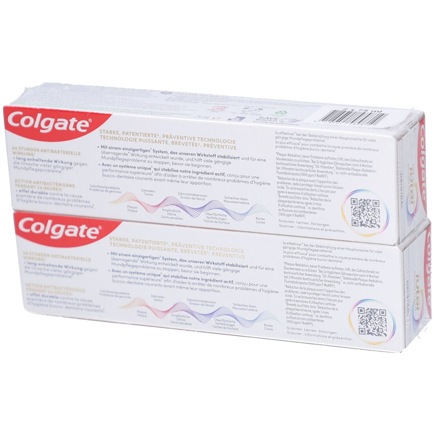 Dos de deux boîtes de dentifrice Colgate Total Original. Texte et logos sur fond blanc.