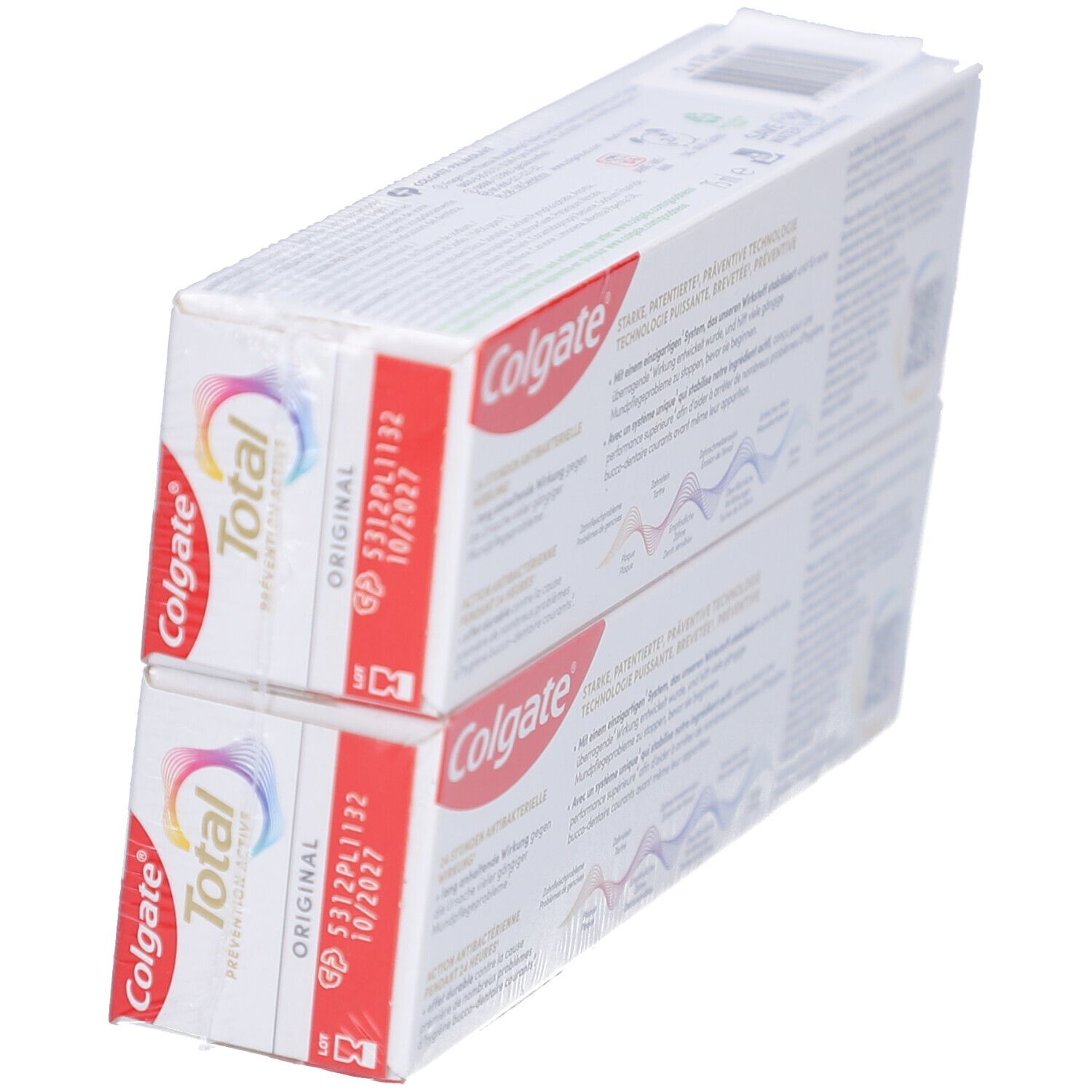Deux boîtes de dentifrice Colgate Total Original, vue latérale. Emballage rouge et blanc avec logo.