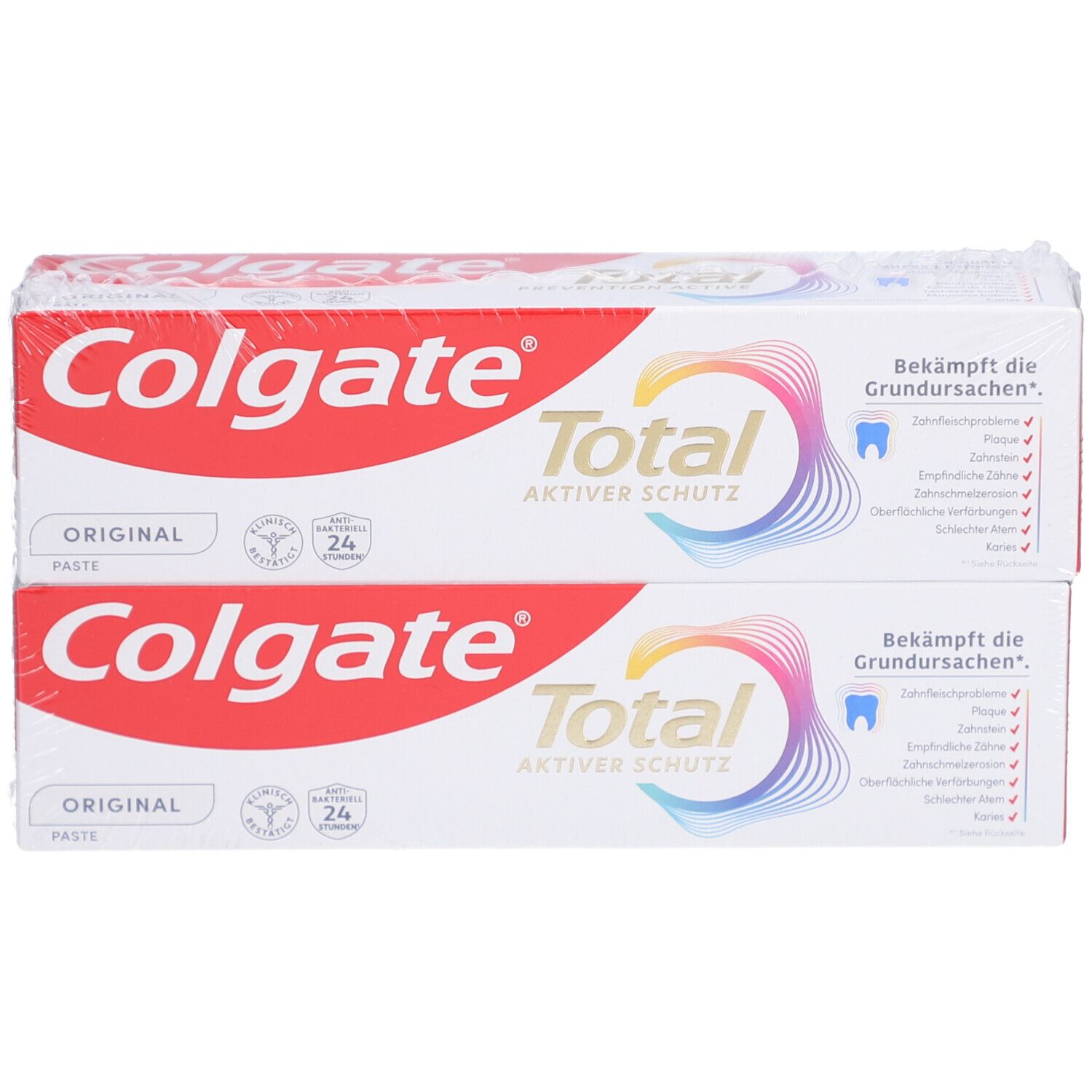 Deux boîtes de dentifrice Colgate Total Original. Emballage rouge et blanc avec logo et nom du produit.