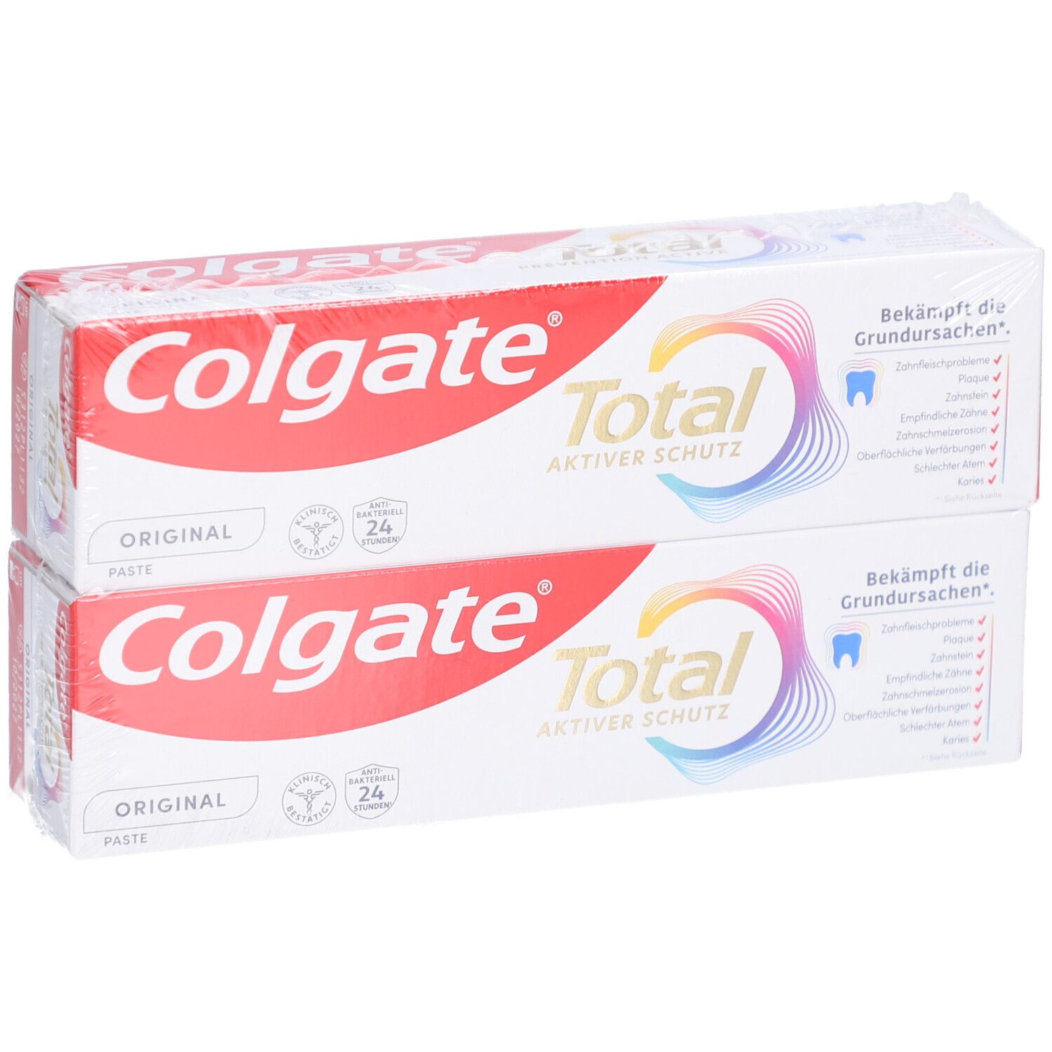 Deux boîtes de dentifrice Colgate Total Original. Emballage rouge et blanc avec logo et nom du produit.