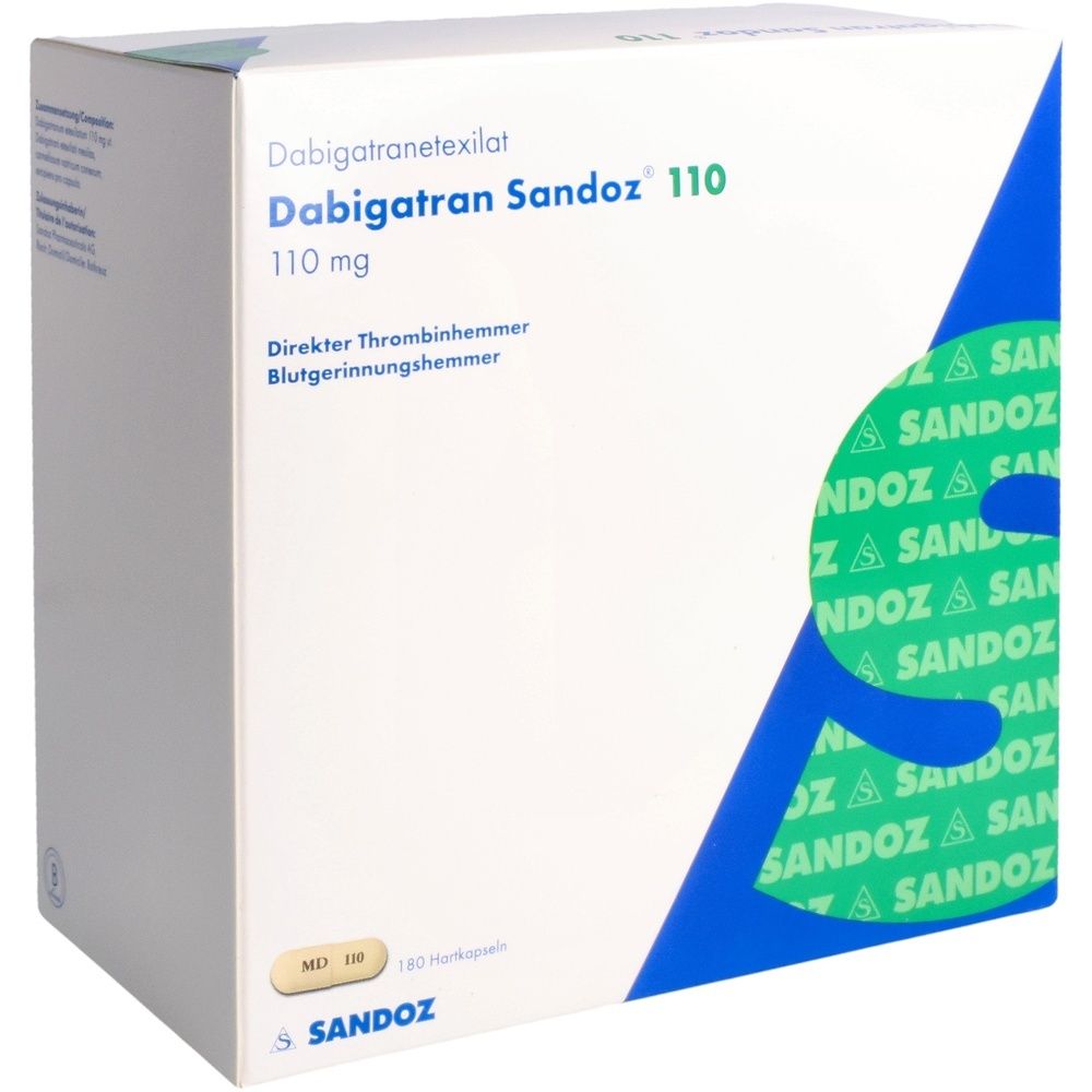 Weißer Karton mit blauer und grüner Grafik. Beschriftung: Dabigatran Sandoz 110 mg. Direkter Thrombinhemmer. 180 Hartkapseln. Sandoz Logo.