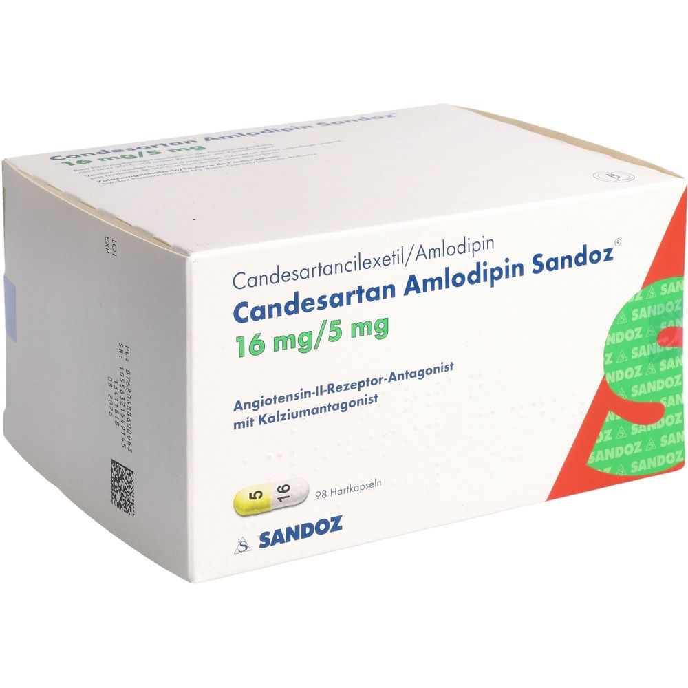 Weiße Medikamentenbox mit Aufschrift Candesartan Amlodipin Sandoz 16 mg/5 mg. Enthält 98 Kapseln. Sandoz Logo.