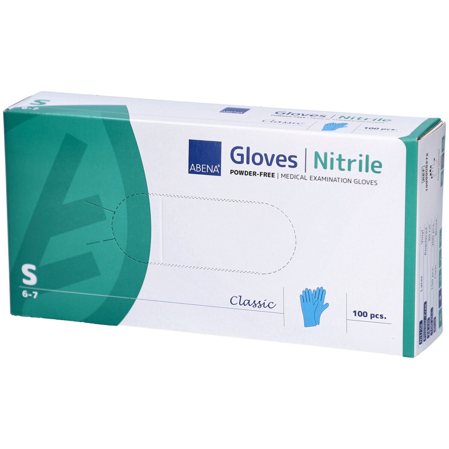 Boîte de gants en nitrile ABENA, sans poudre, taille S, 100 pièces. Illustration de gant bleu. Texte: Gloves Nitrile.