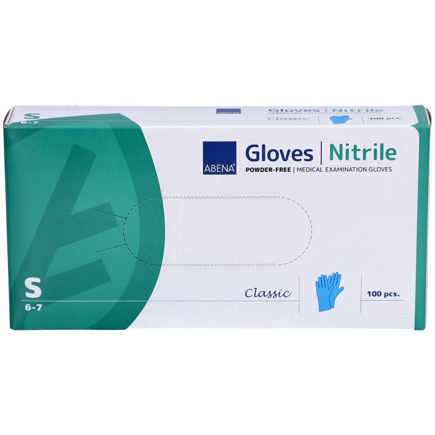 Boîte de gants en nitrile ABENA. Taille S, 100 pièces. Illustration de gant bleu. Texte: Gloves Nitrile. Design classique.