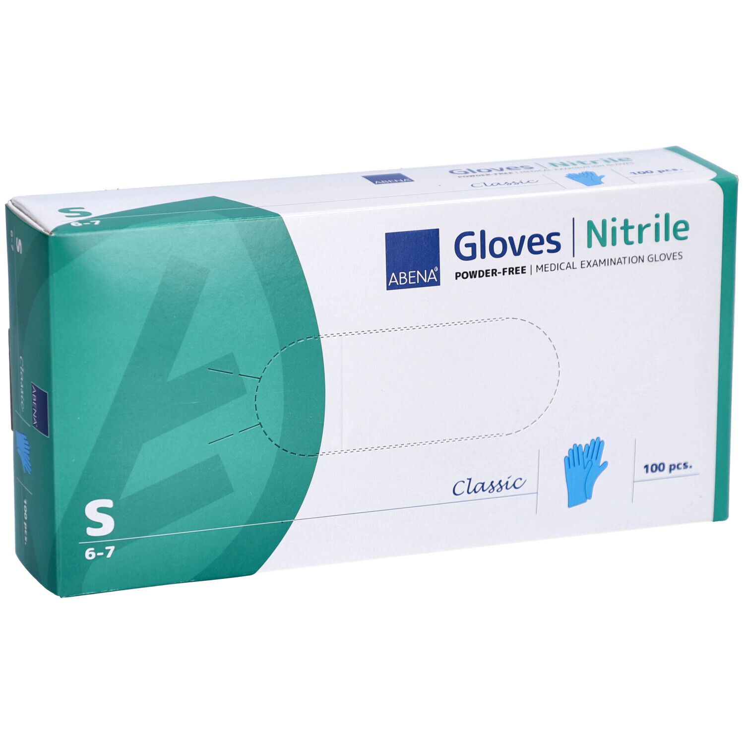 Boîte de gants en nitrile ABENA. Taille S, 100 pièces. Illustration de gant bleu. Texte: Gloves Nitrile. Design classique.
