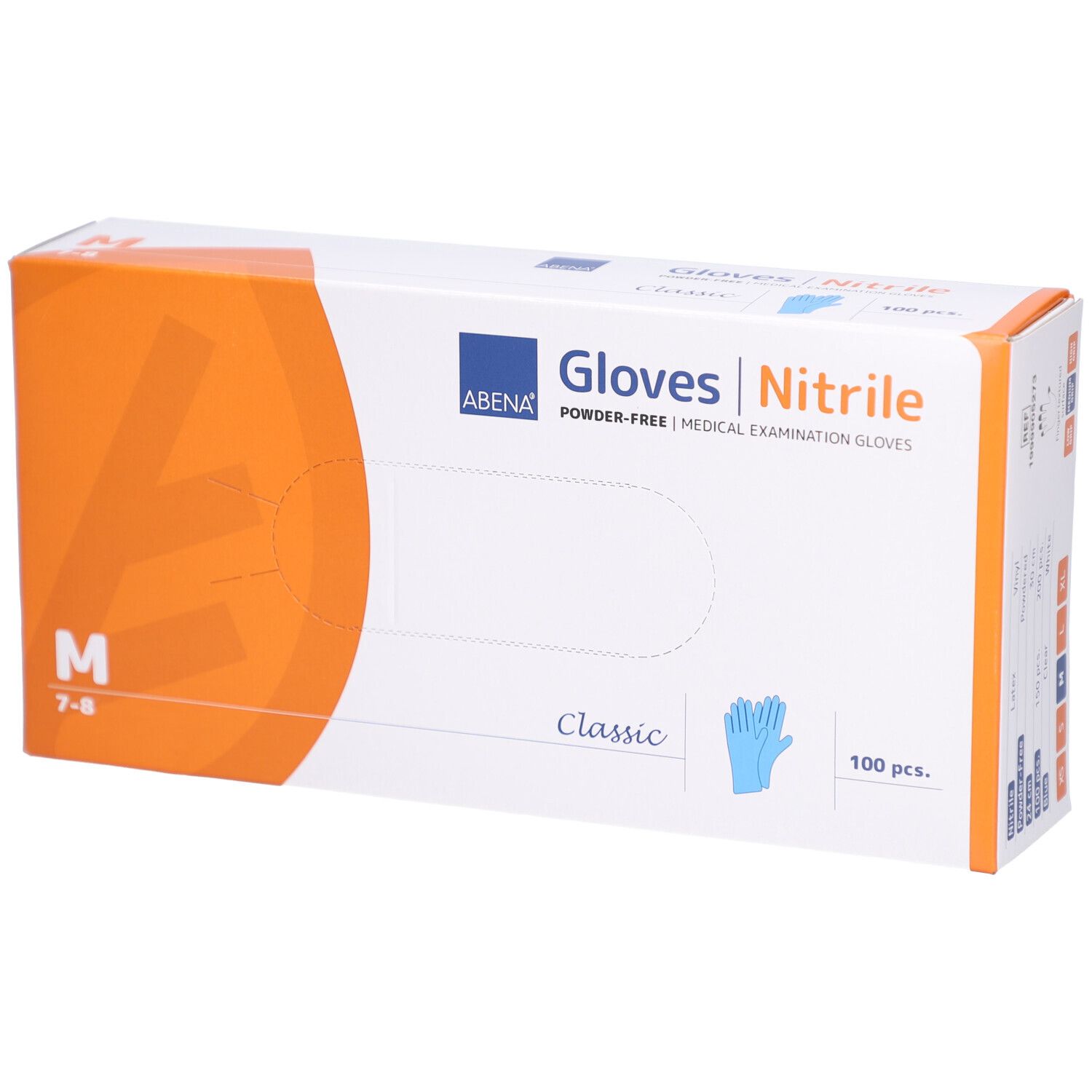 ABENA Nitril-Handschuh-Box. Weiß und orangefarben. Enthält 100 Stück. Größe M. Aufschrift: Gloves Nitrile, Classic, puderfrei.