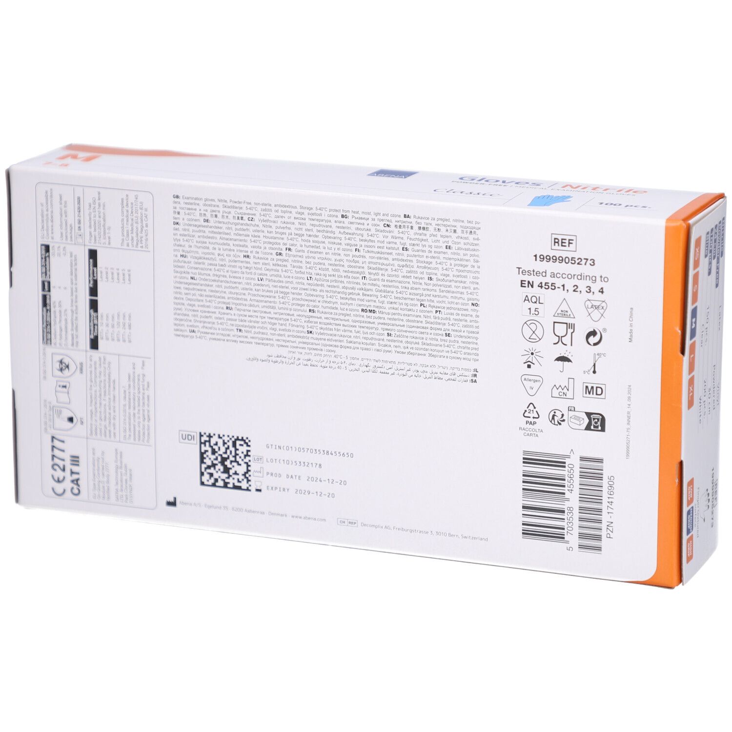 Rückseite der ABENA Nitril-Handschuh-Box. Enthält Informationen, Symbole und Barcode. CE-Kennzeichnung.