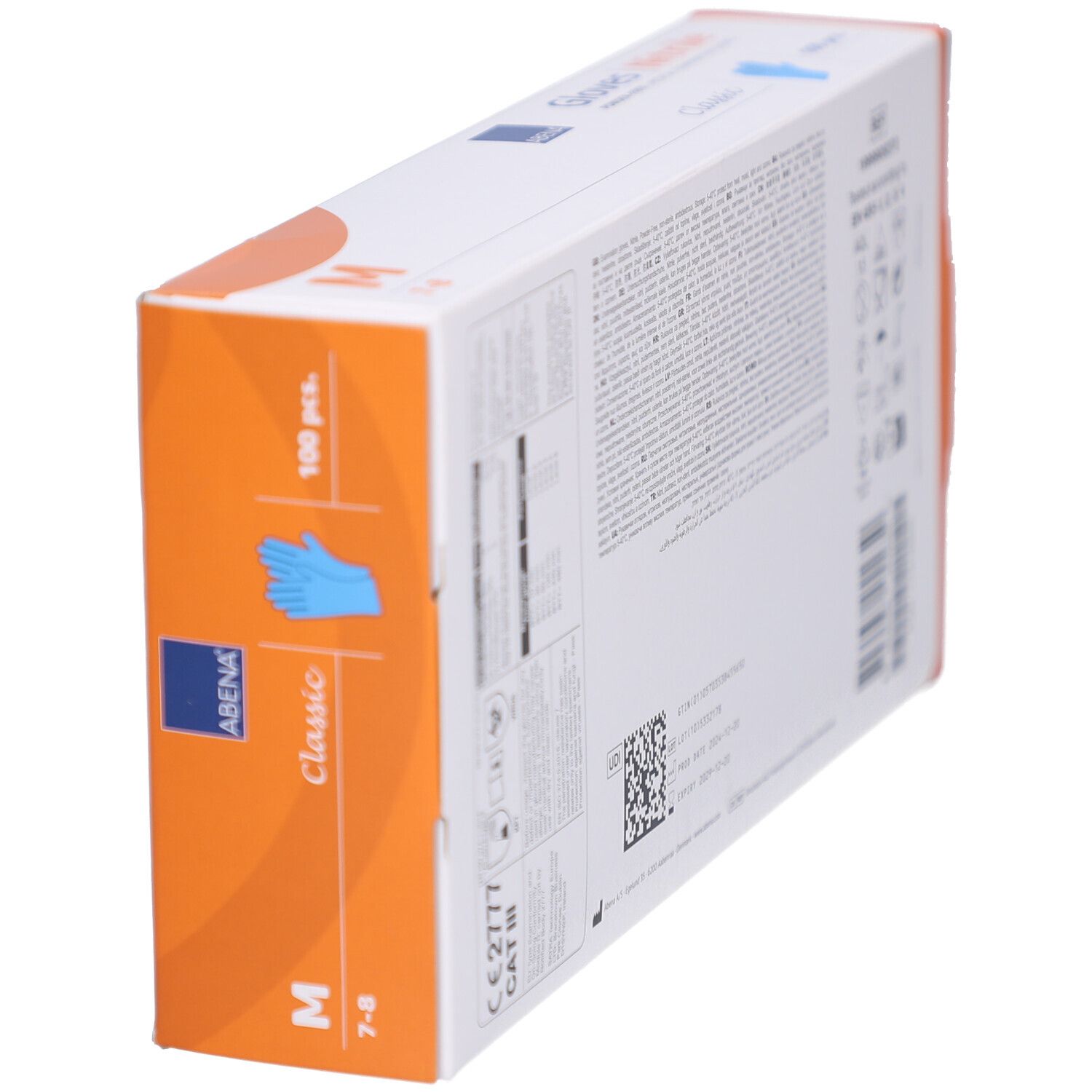 ABENA Nitril-Handschuh-Box, schräg. Weiß und orangefarben. Größe M. Aufschrift: Gloves Nitrile, Classic, 100 Stück.