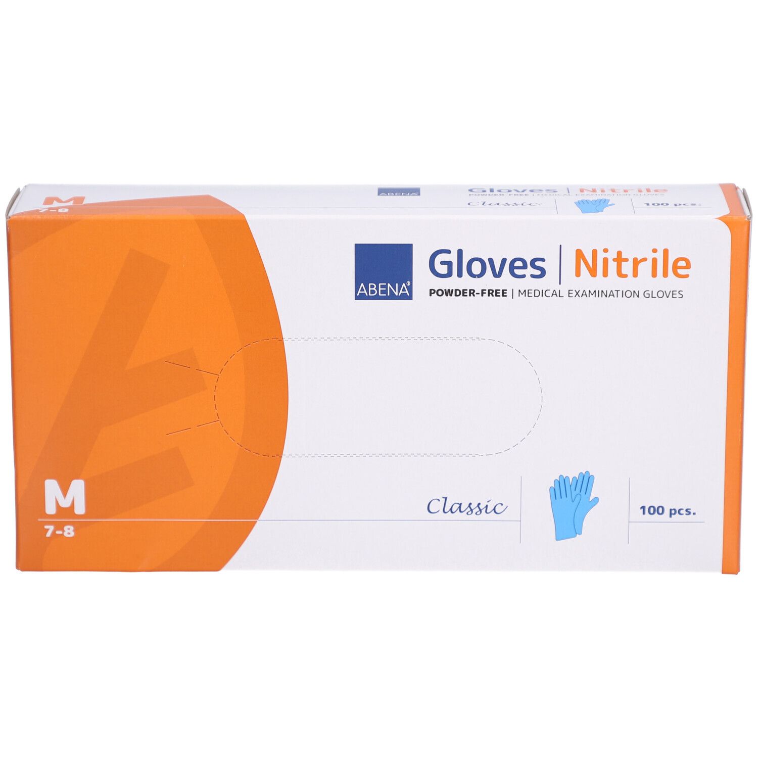 ABENA Nitril-Handschuh-Box. Weiß und orangefarben. Größe M. Aufschrift: Gloves Nitrile, Classic, 100 Stück.
