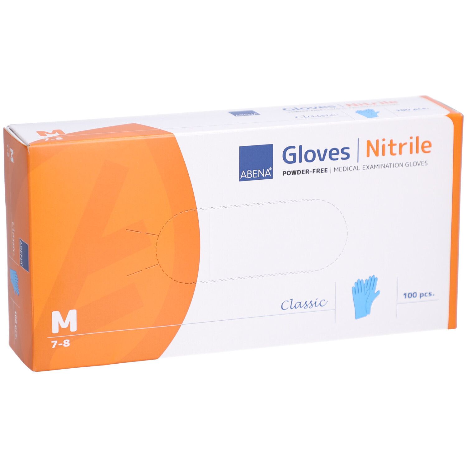 ABENA Nitril-Handschuh-Box. Weiß und orangefarben. Größe M. Aufschrift: Gloves Nitrile, Classic, 100 Stück.