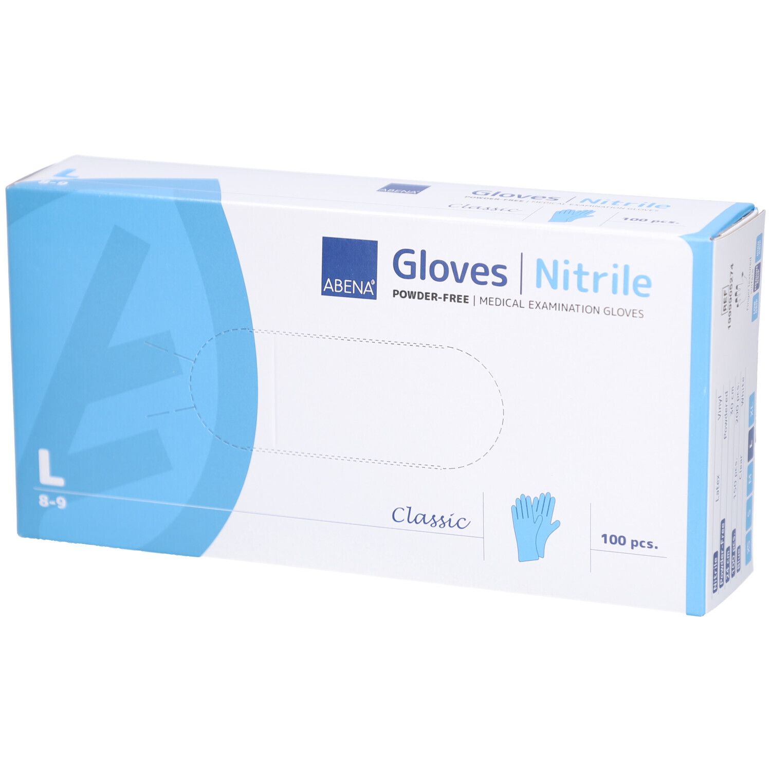 Boîte de gants en nitrile ABENA, sans poudre. Inscription : Gloves Nitrile, Classic, 100 pièces, taille L.