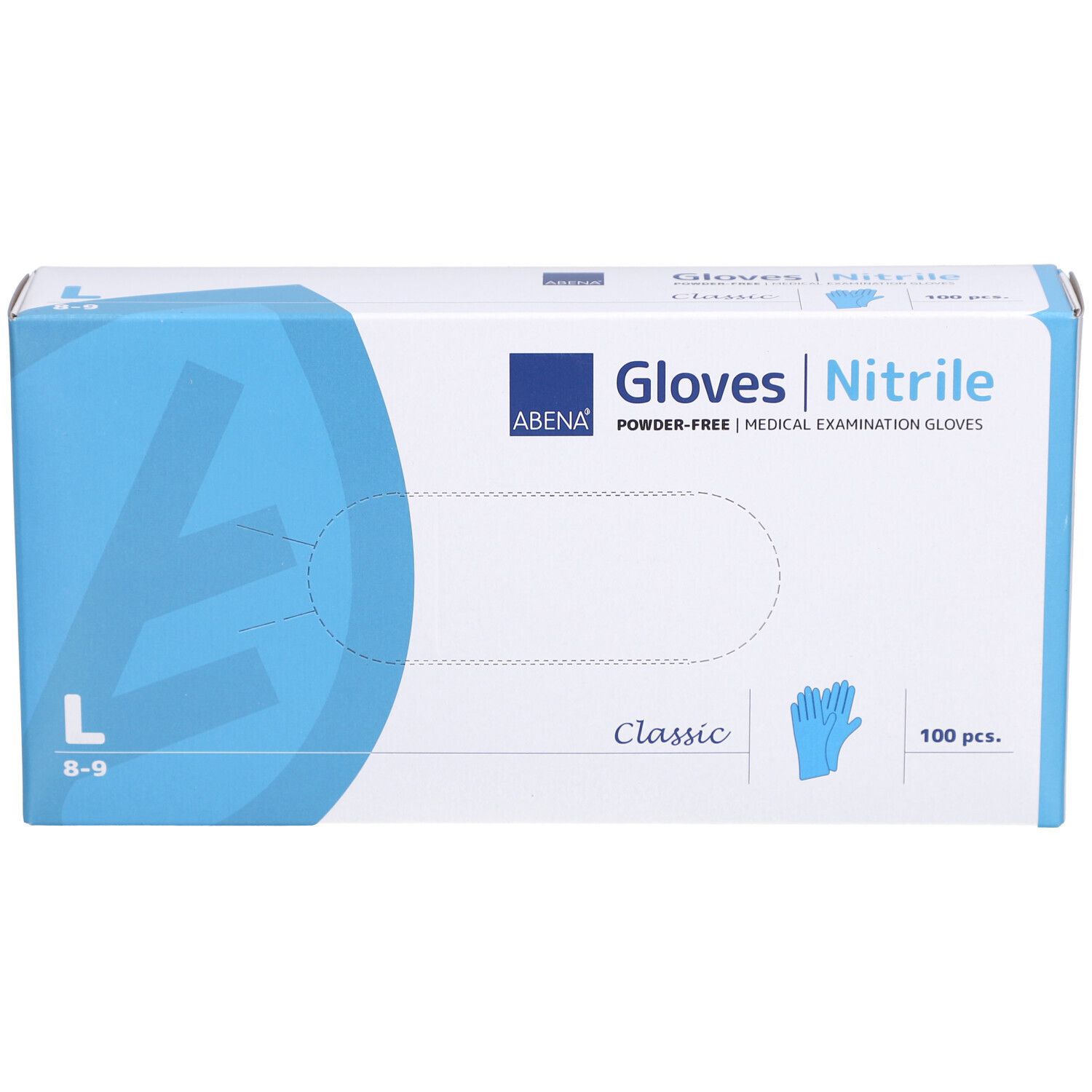 Boîte de gants en nitrile ABENA. Inscription : Gloves Nitrile, Classic, 100 pièces, taille L. Graphique bleu et logo.