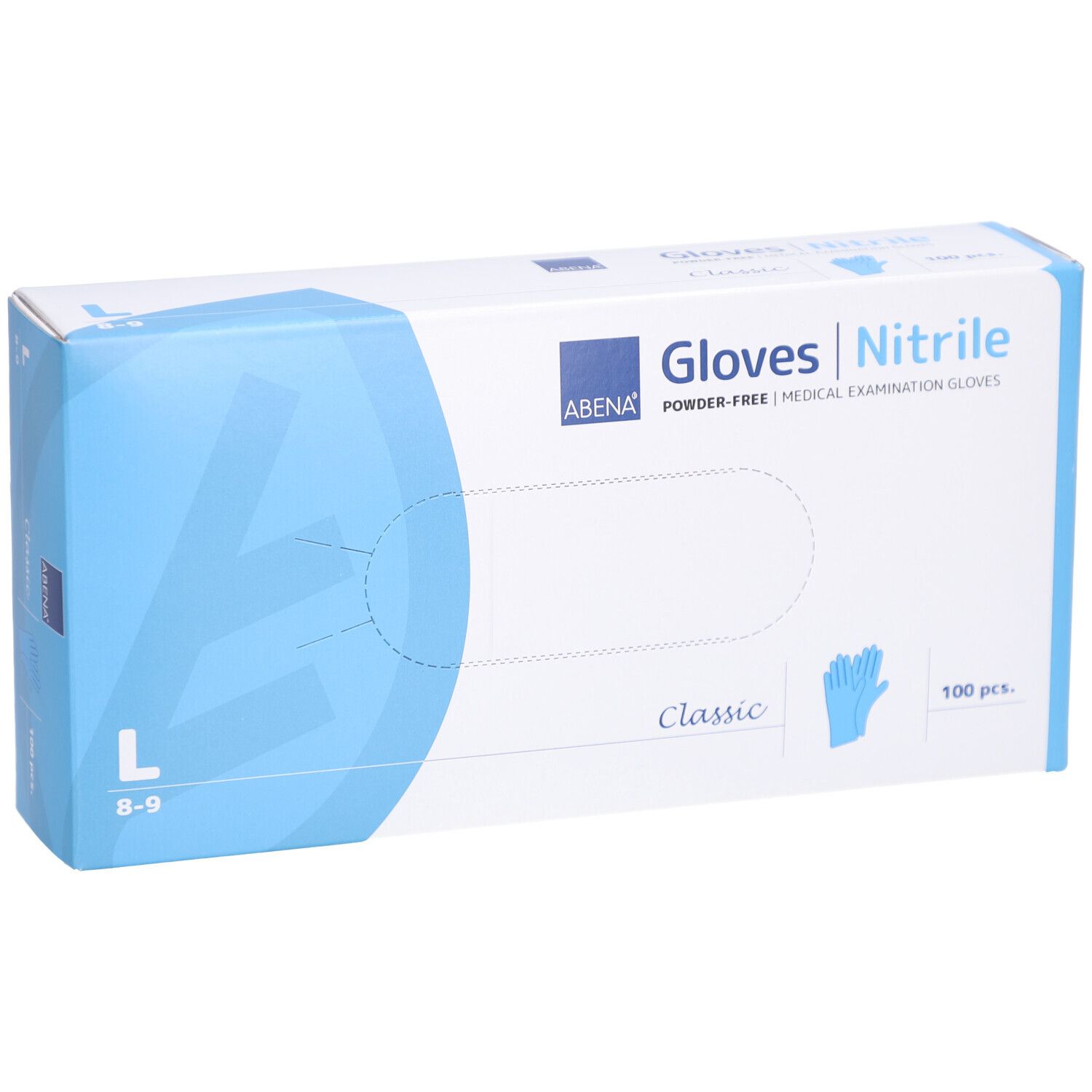 Boîte de gants en nitrile ABENA. Inscription : Gloves Nitrile, Classic, 100 pièces, taille L. Graphique bleu et logo.