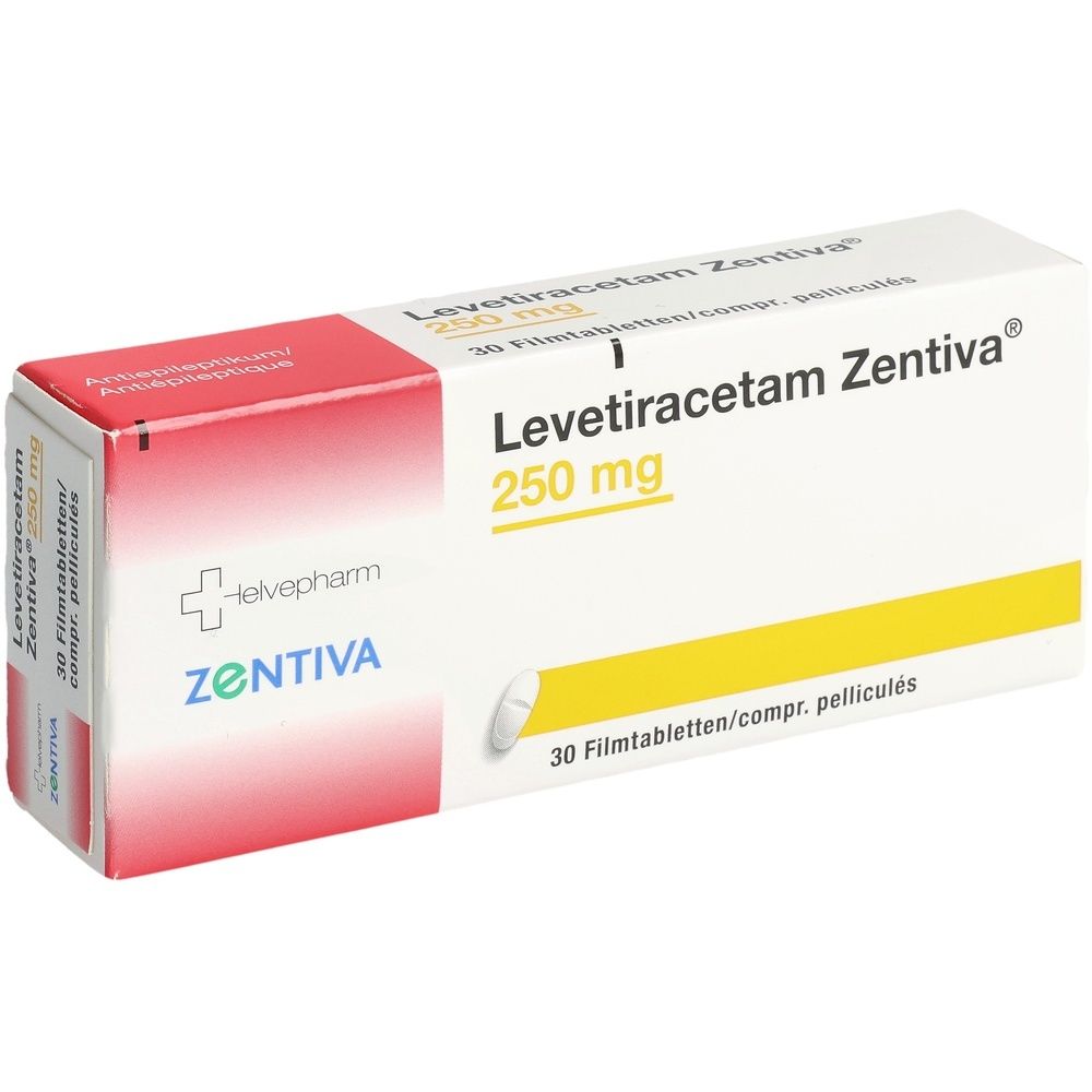 Boîte de comprimés pelliculés Levetiracetam Zentiva 250 mg. Inscription: nom, dosage, quantité, logo. Blanc, jaune, rouge.
