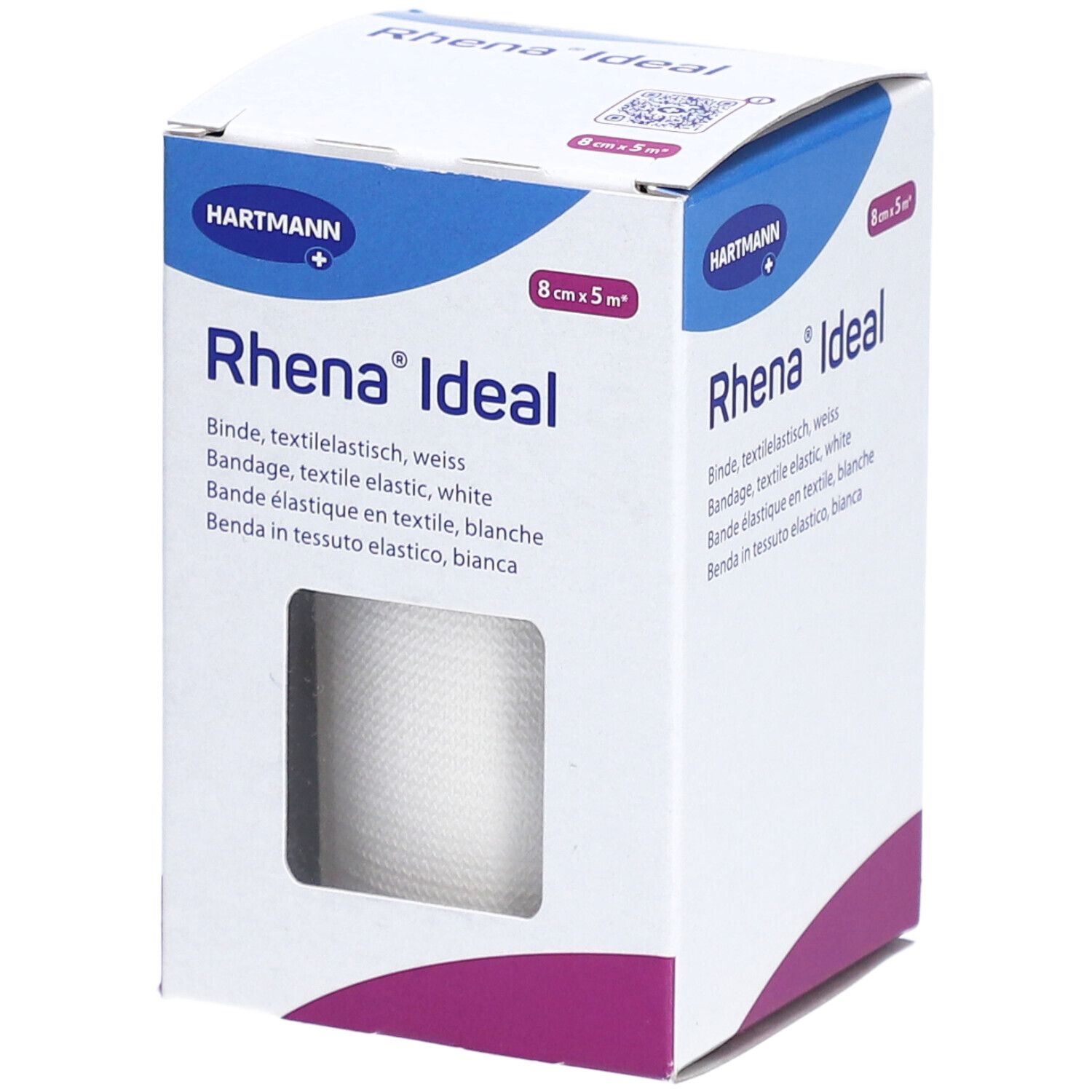 Emballage de HARTMANN Rhena® Ideal Fixierband. Bande textile élastique blanche, 8 cm x 5 m. Fenêtre montrant le rouleau.