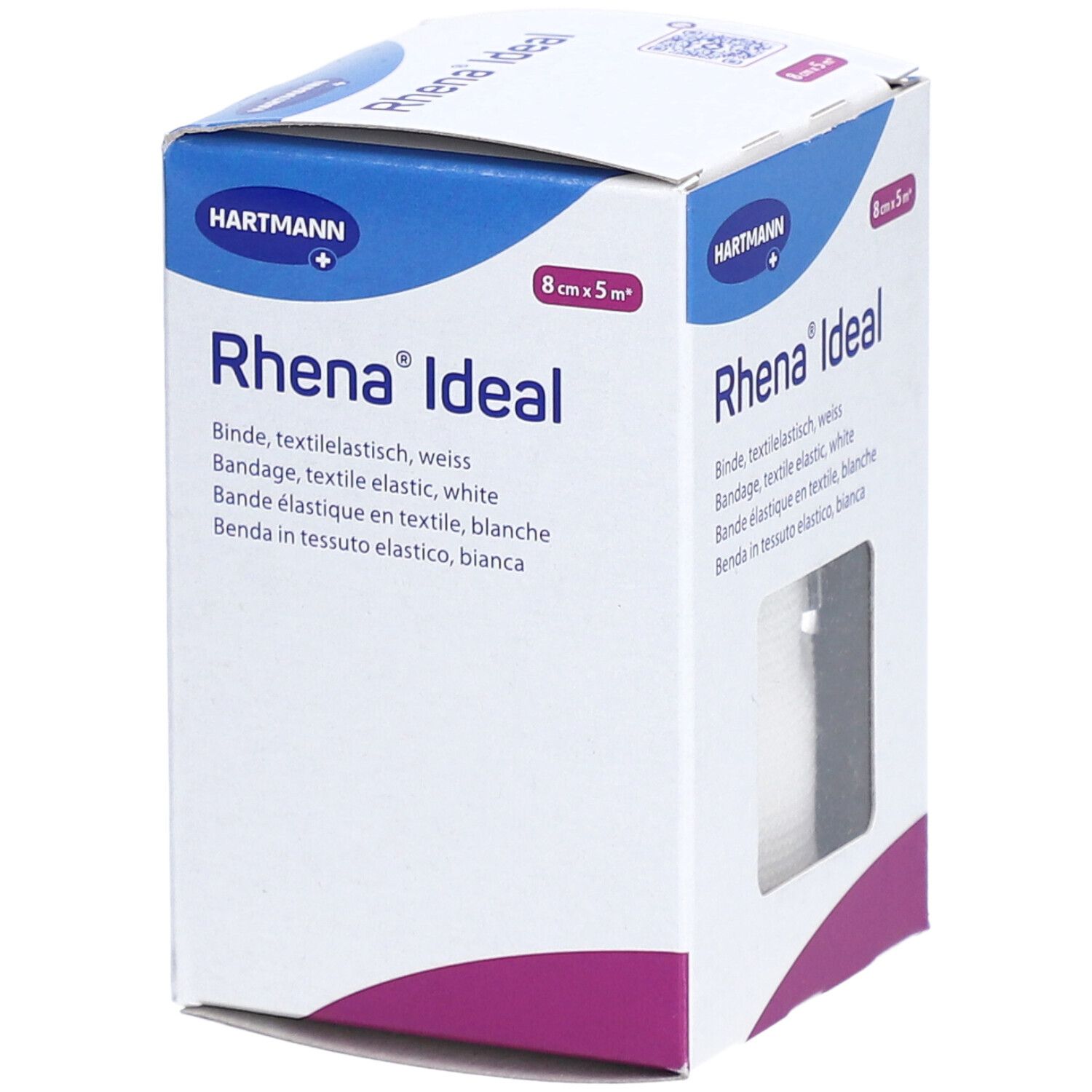 Emballage de HARTMANN Rhena® Ideal Fixierband. Bande textile élastique blanche, 8 cm x 5 m. Vue en biais.