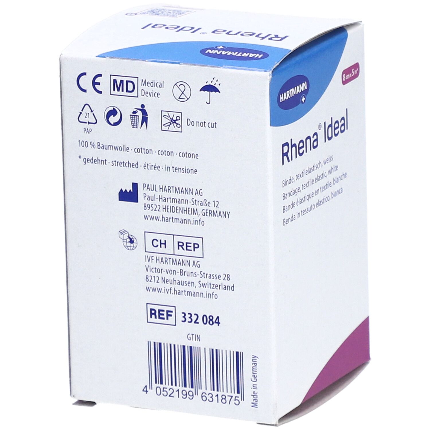 Dos de l'emballage HARTMANN Rhena® Ideal Fixierband. Informations, symboles, adresse du fabricant, numéro REF.