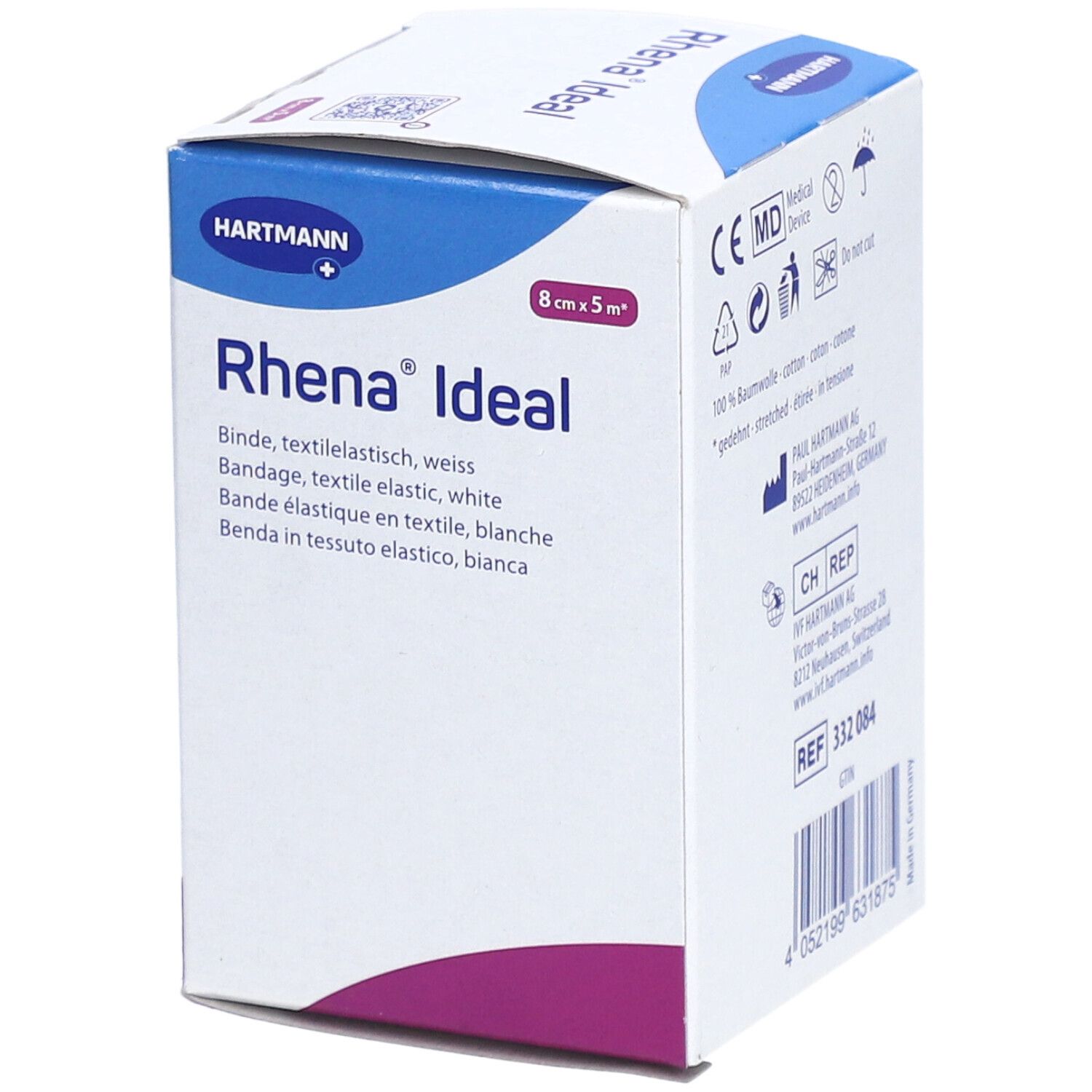 Emballage de HARTMANN Rhena® Ideal Fixierband. Bande textile élastique blanche, 8 cm x 5 m. Vue en biais.