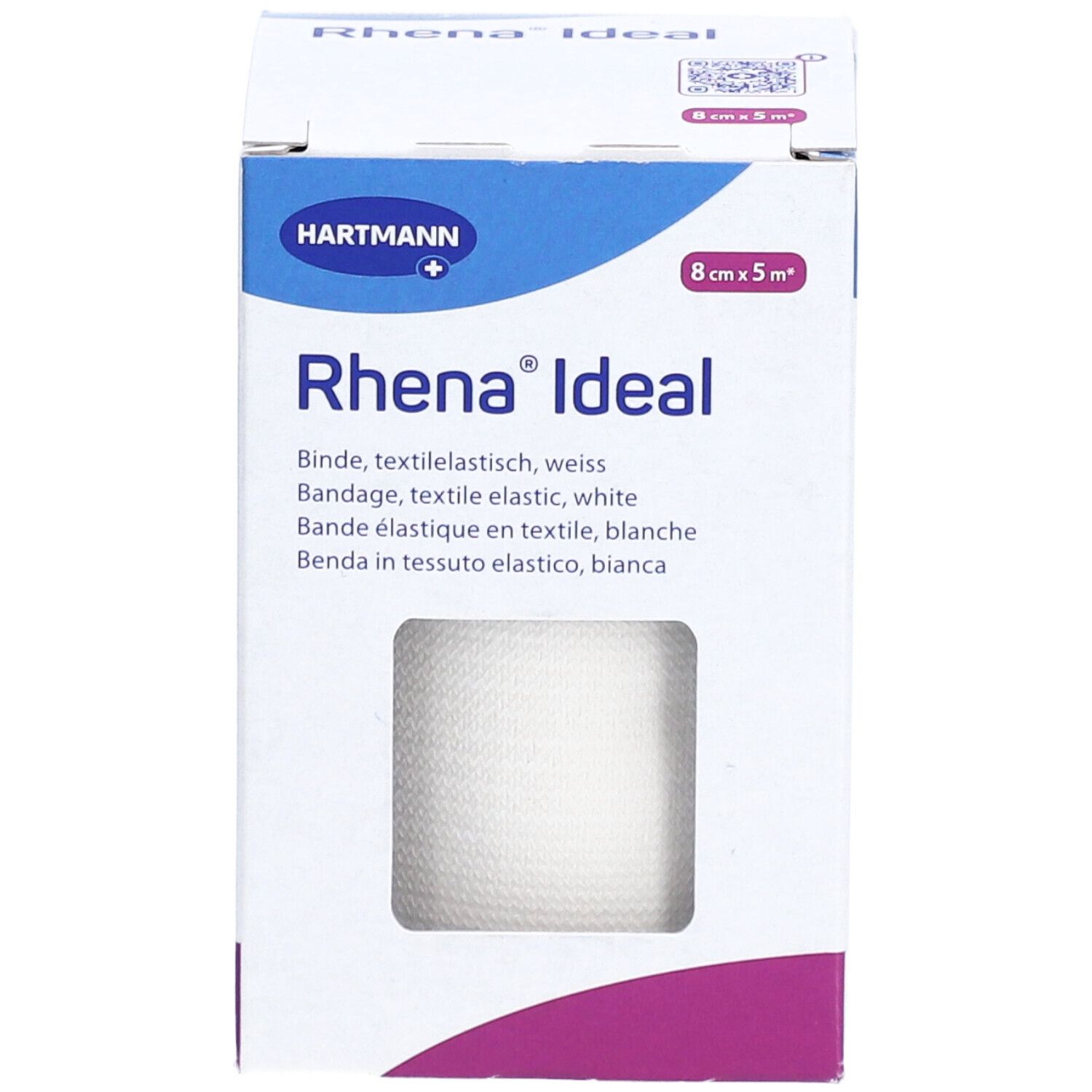 Emballage de HARTMANN Rhena® Ideal Fixierband. Bande textile élastique blanche, 8 cm x 5 m. Vue de face.