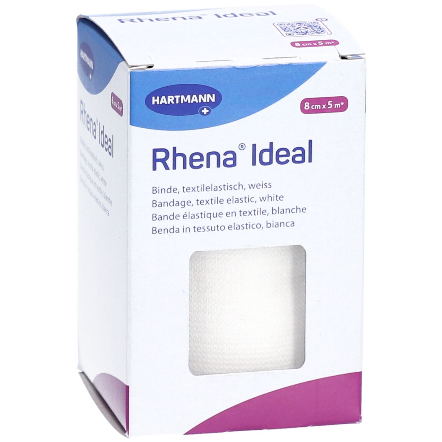 Emballage de HARTMANN Rhena® Ideal Fixierband. Bande textile élastique blanche, 8 cm x 5 m. Vue en biais.