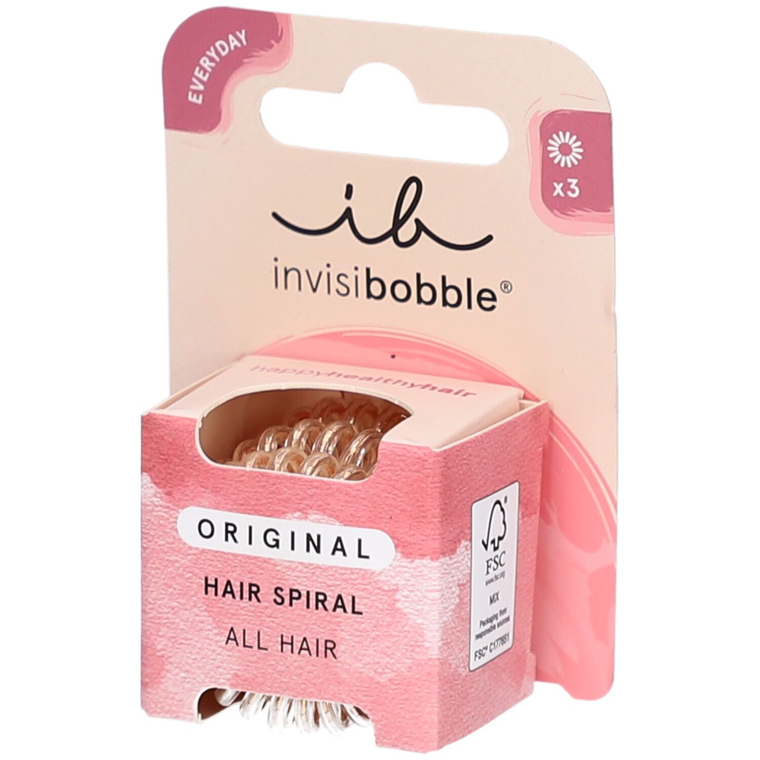 Verpackung mit drei spiralförmigen Haargummis. Marke: invisibobble. Text: Original Hair Spiral.